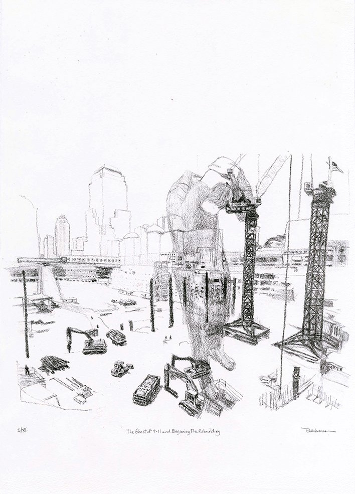 Sketch of a cityscape with construction cranes, buildings, and construction equipment, with the Twin Towers in the background.