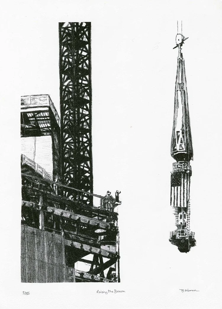 Original stone lithograph B&W print of One World Trade Center under construction with an industrial crane raising the building's beacon with the American flag and construction workers filming with their cell phones.