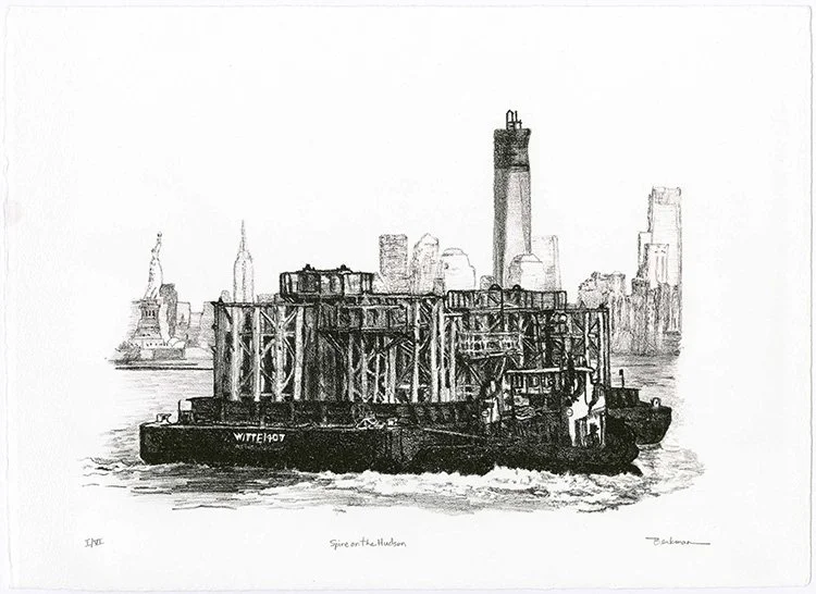 B&W stone lithograph print of a barge with pieces of 1 WTC spire on the Hudson pushed by a tugboat, New York City skyline in background, including the Statue of Liberty and Empire State.