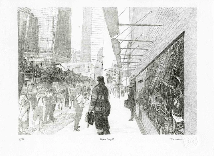 A pencil sketch of a busy city street scene with pedestrians, skyscrapers, and storefronts, featuring a person with a bag in the foreground and tall buildings in the background.