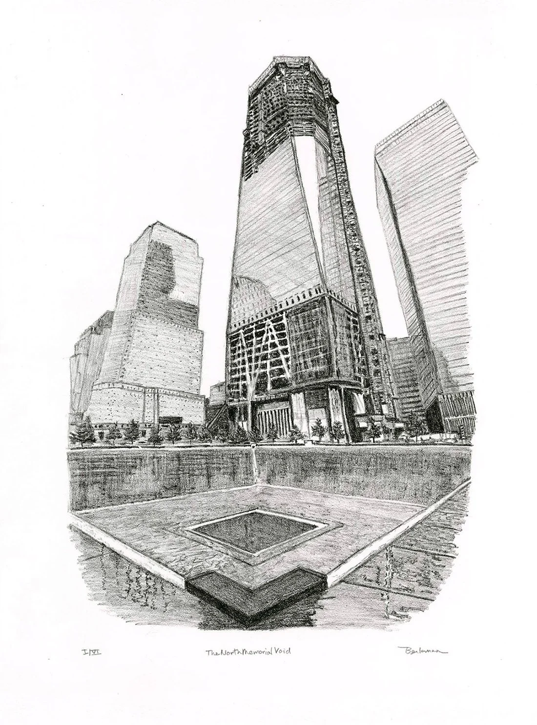 Original stone lithograph B&W print  of the North Memorial Void section of the 9-11 Memorial with new One World Trade Center tower under construction surrounded by other skyscrapers in the NYC skyline.