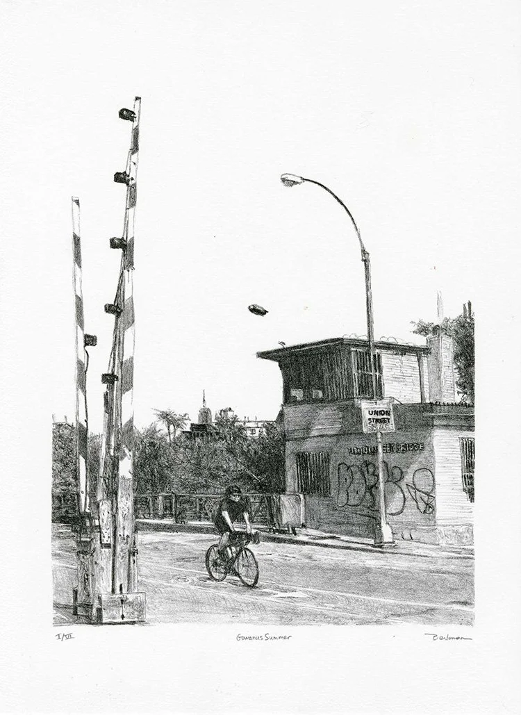 Original stone lithograph B&W print of a Brooklyn Gowanus street scene with a cyclist, bridge, streetlamp, graffiti-covered building, and a blimp in a clear sky. Top of 1 WTC in the far distance.