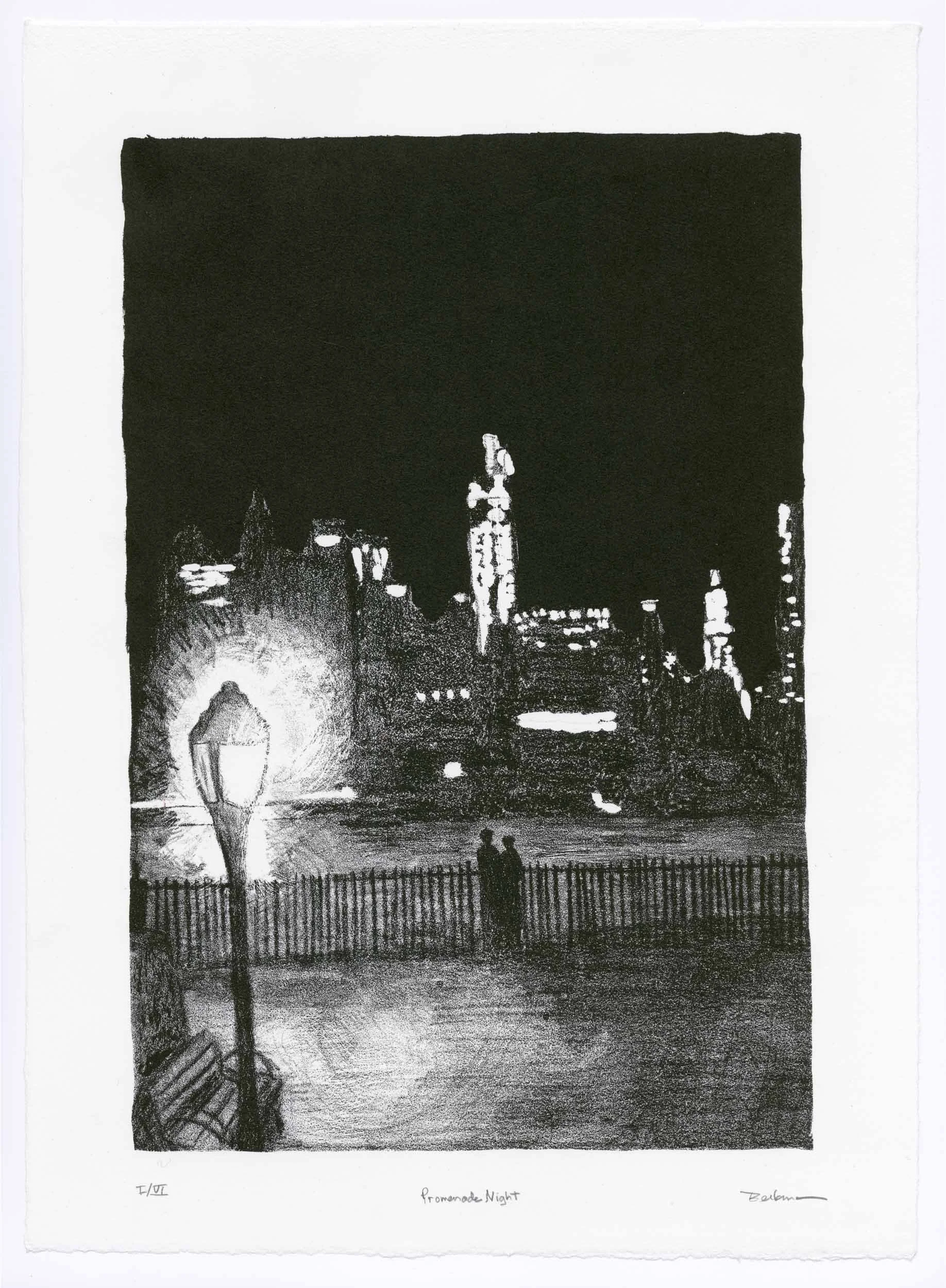 A black-and-white artwork titled "Promenade Night" depicting a nighttime scene on a boardwalk with a lighthouse and several buildings in the background, two people walking along the promenade, and a bench in the foreground.