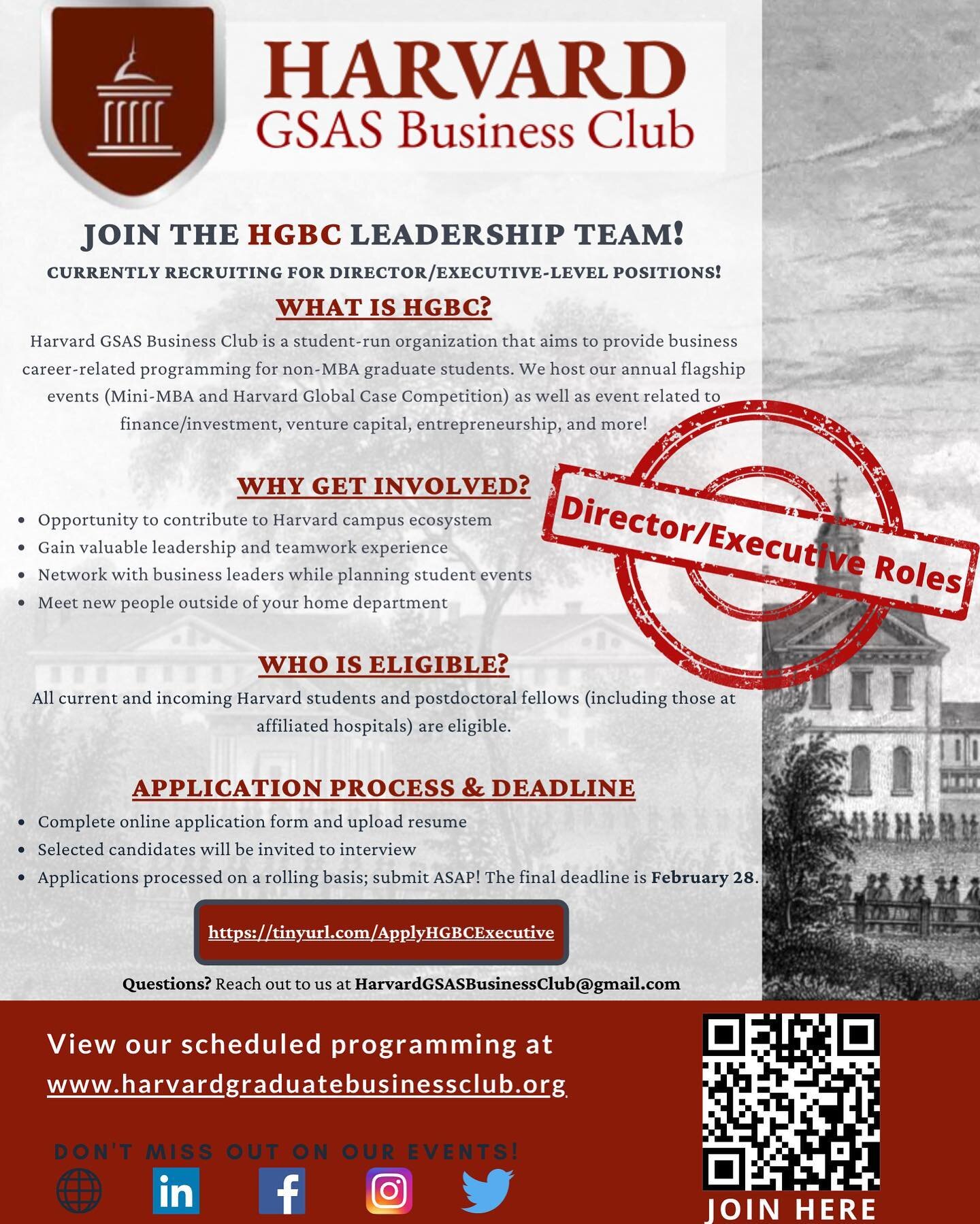 We are now recruiting for Director and Executive-Level roles for the 2022-23 academic year! Applications accepted on a rolling basis, so apply ASAP! The final application deadline is February 28. 

https://tinyurl.com/ApplyHGBCExecutive

The leadersh