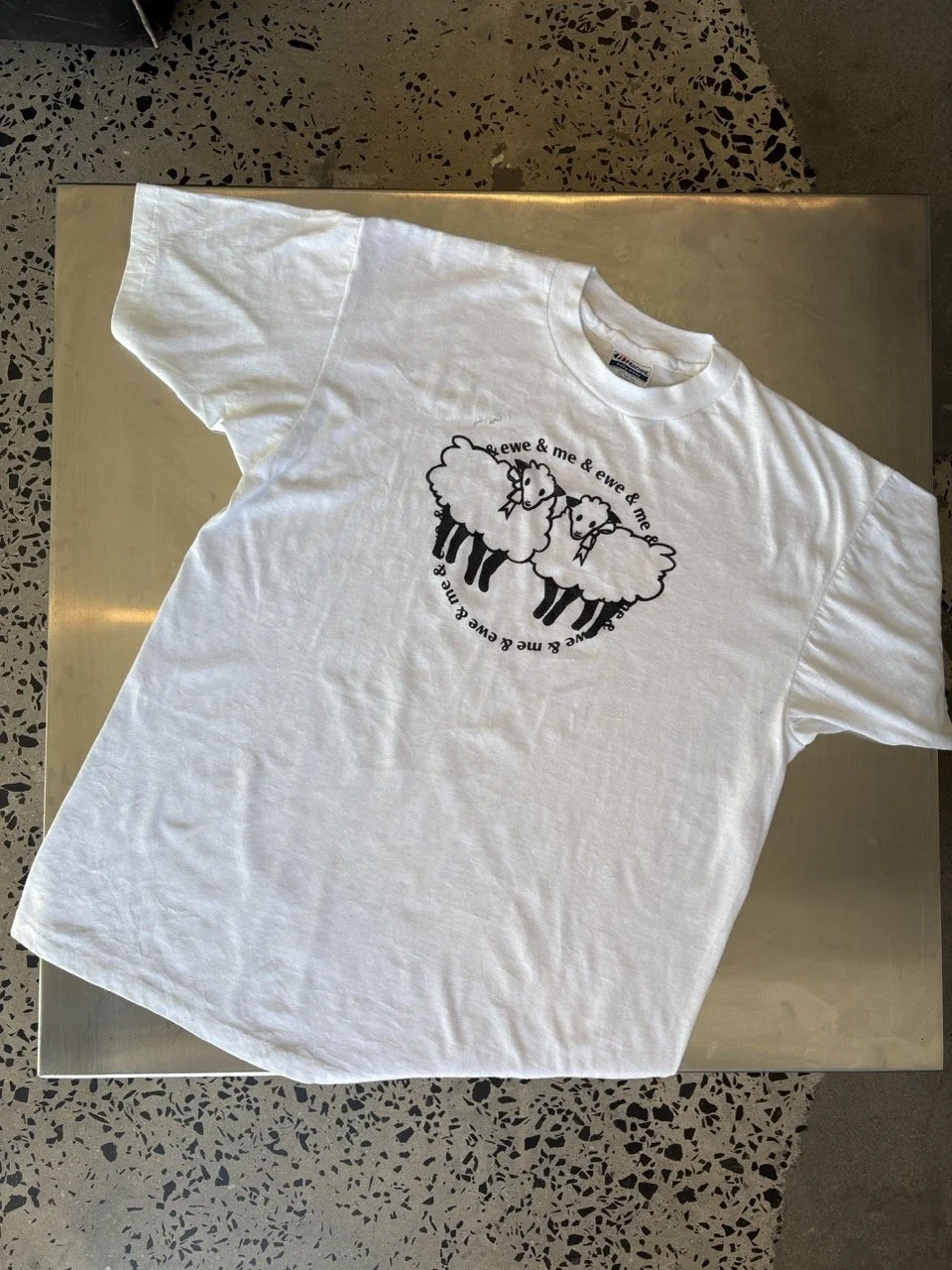 Vintage white ewe & me sheep t-shirt laid flat, full front view