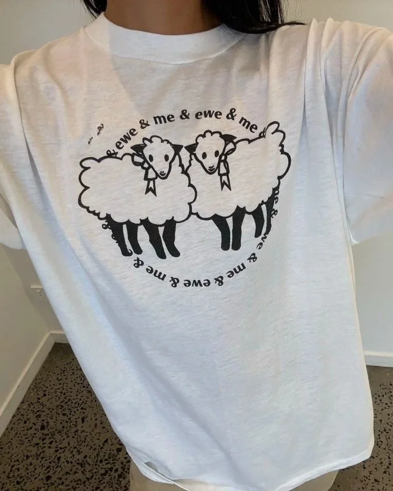 Vintage white ewe & me sheep t-shirt laid flat showing sleeve and body shape