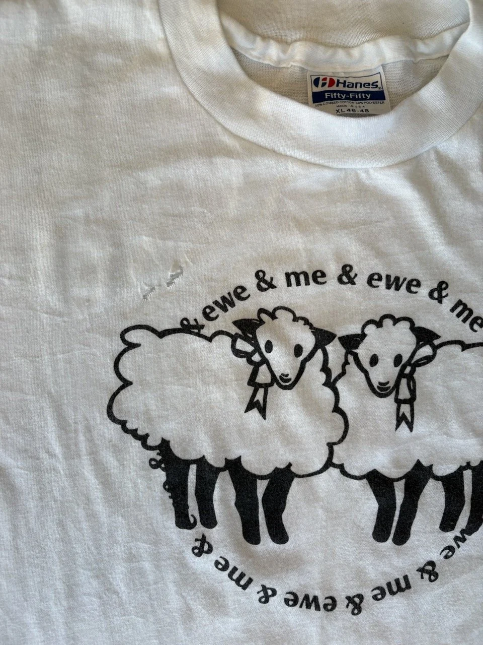 Vintage white ewe & me t-shirt showing black two sheep print across the chest
