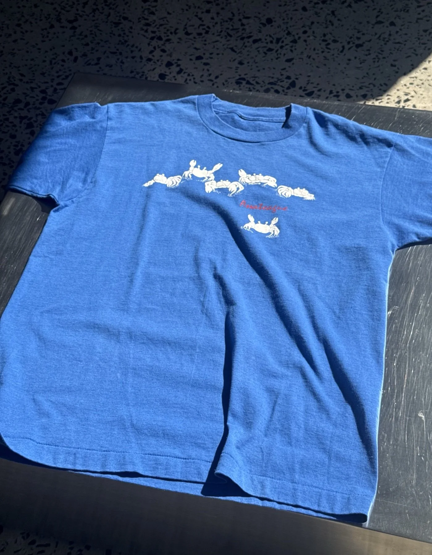 Vintage royal blue Assateague crab t-shirt laid flat showing full front print