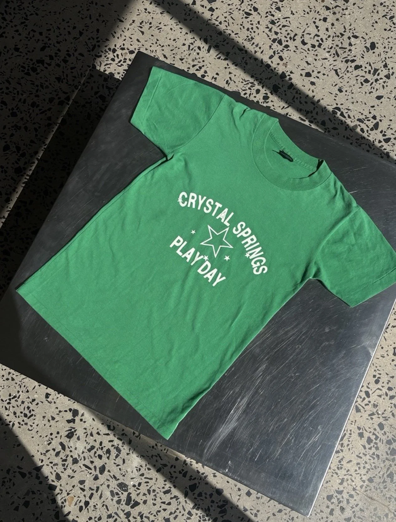 Fruit of the Loom Best neck label detail on vintage green Crystal Springs Play Day t-shirt