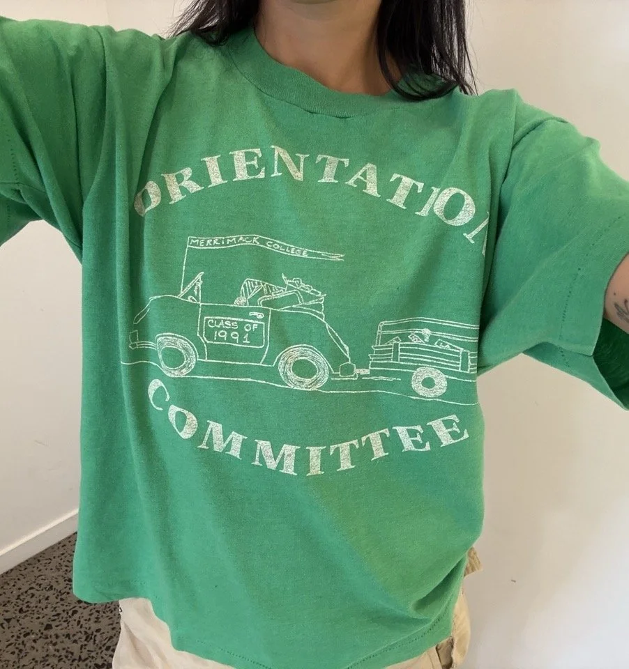 Vintage green Orientation Committee t-shirt showing line drawn car and Class of 1991 print