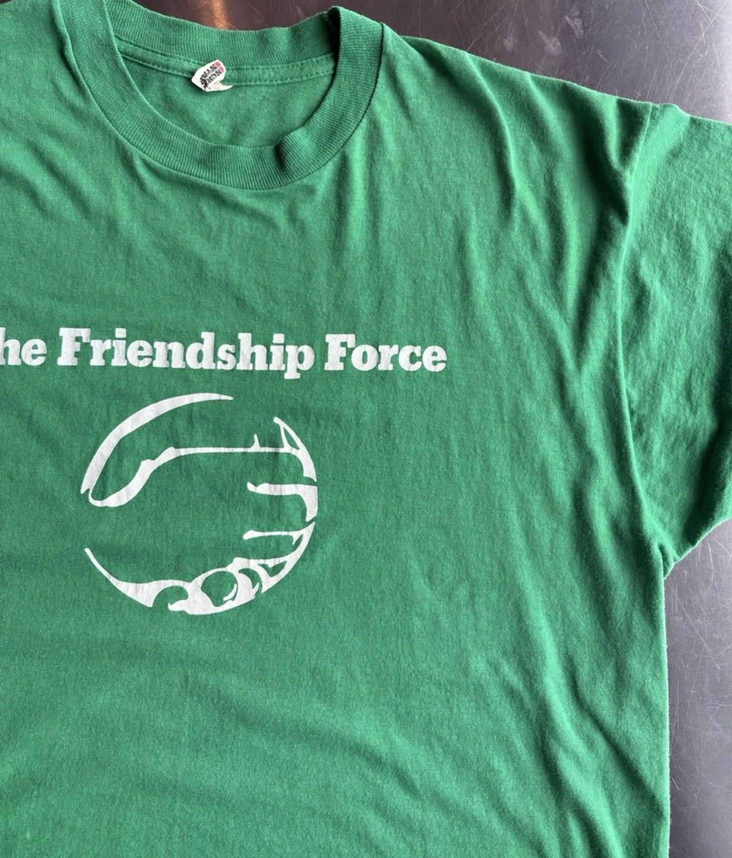 Screen Stars neck label detail on vintage green Friendship Force t-shirt