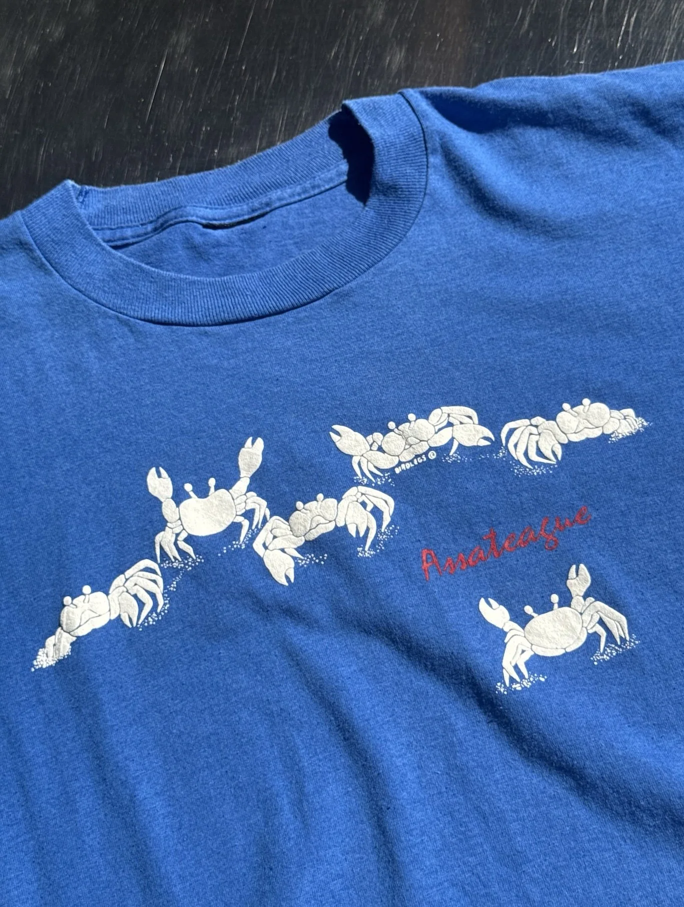 Neckline and print detail on vintage royal blue Assateague crab t-shirt