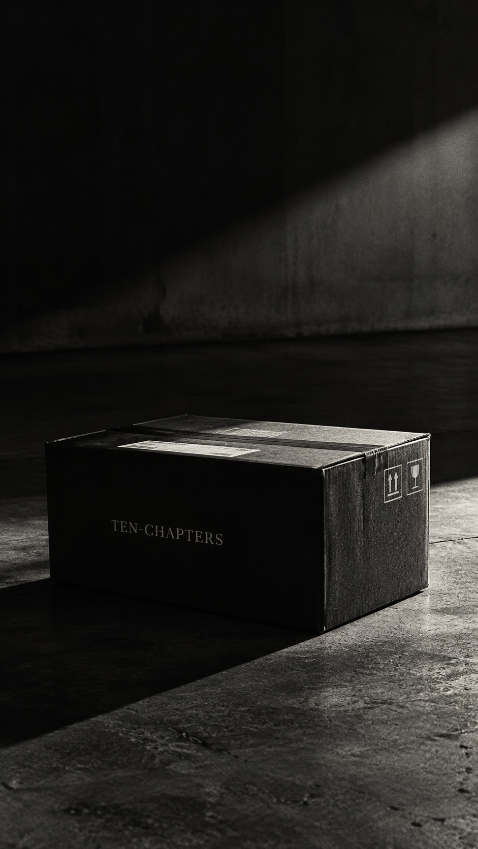Ten-Chapters shipping box in a dark warehouse setting