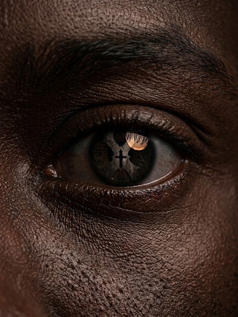 An extreme close-up photo showing rich skin texture, detailed pores, and eyebrows on a dark-skinned man’s face, focusing on his eye where the gothic Ten-Chapters "X" logo is subtly reflected in the iris and pupil.