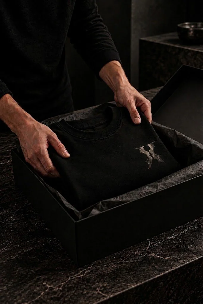 Man inspecting a folded black Ten-Chapters sweatshirt featuring a small metallic X logo on the upper-right chest.