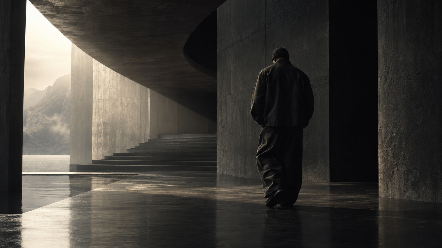 Faceless man wearing black streetwear inside a dark architectural space