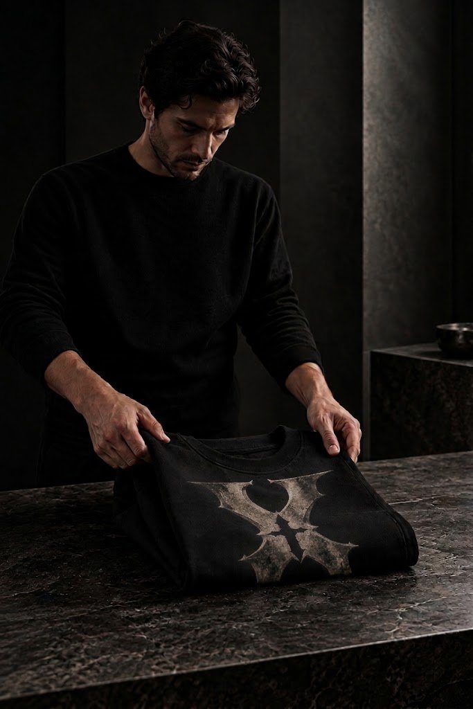 Man inspecting a folded black Ten-Chapters sweatshirt featuring a small metallic X logo on the upper-right chest.