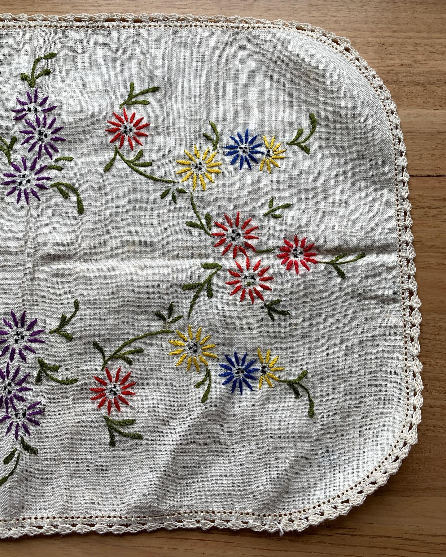 Curved edged table mat with intricate red, blue, yellow and purple flowers. 

All hand embroidered. 

Measures 470 x 280mm.

$20 + postage.

To purchase an item, please comment below or send us a DM. 

***

We will be posting items to purchase over t