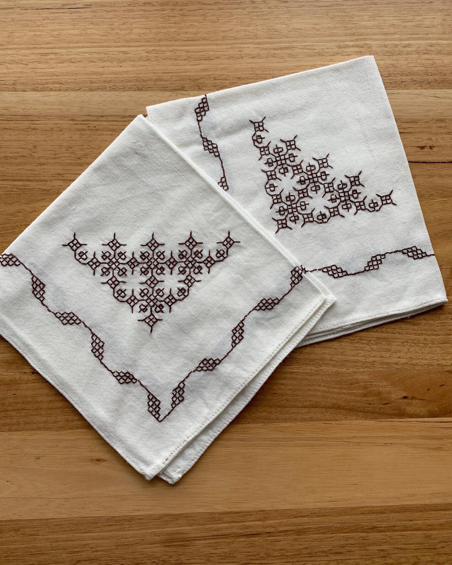 Two vintage napkins that have been embellished with delicate patterning with geometric design. 

$30 for the pair + postage

To purchase an item, please comment below or send us a DM. 

***

We will be posting items to purchase over the next few week