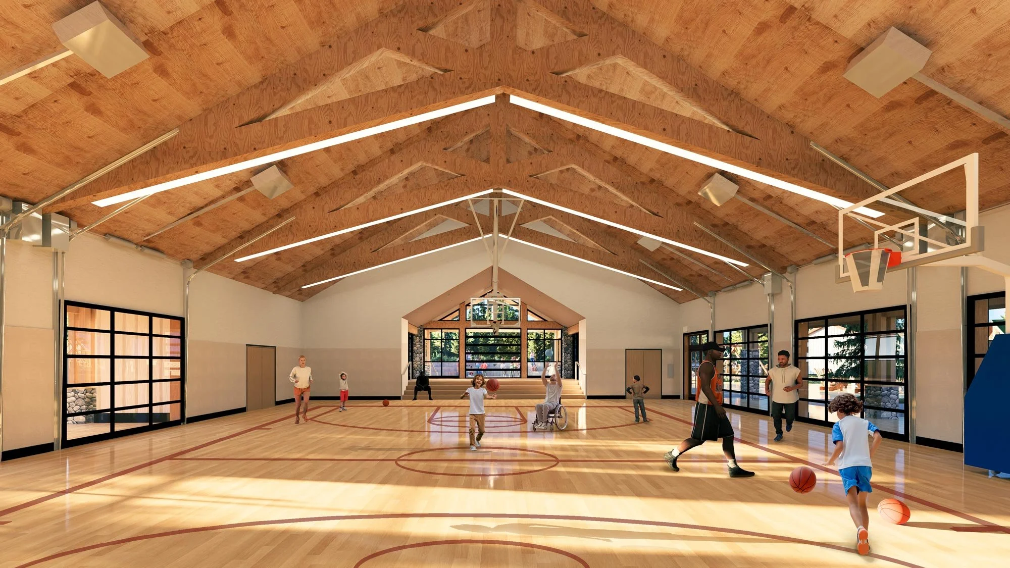 Render of indoor mass plywood gym with garage doors opening to exterior