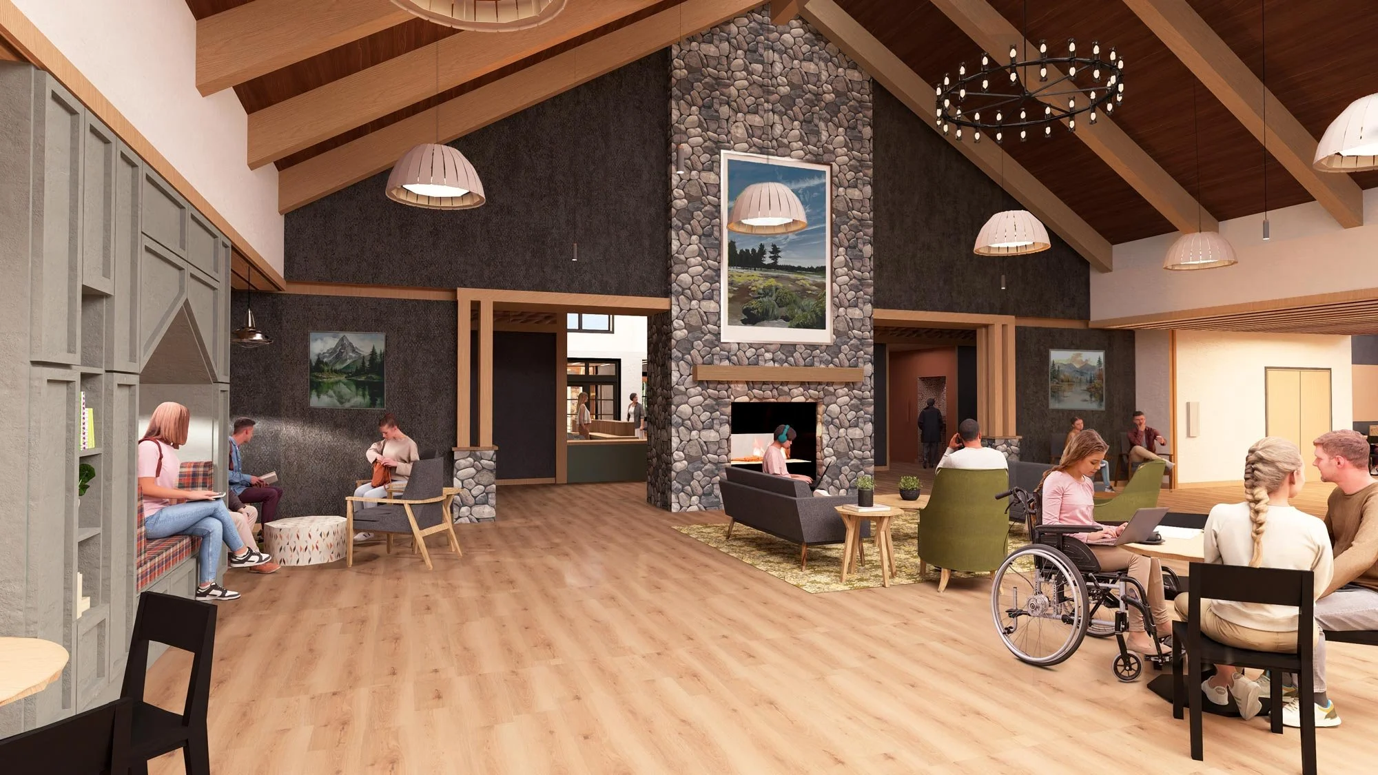 Main gathering area with living room, tables, and large stone fireplace