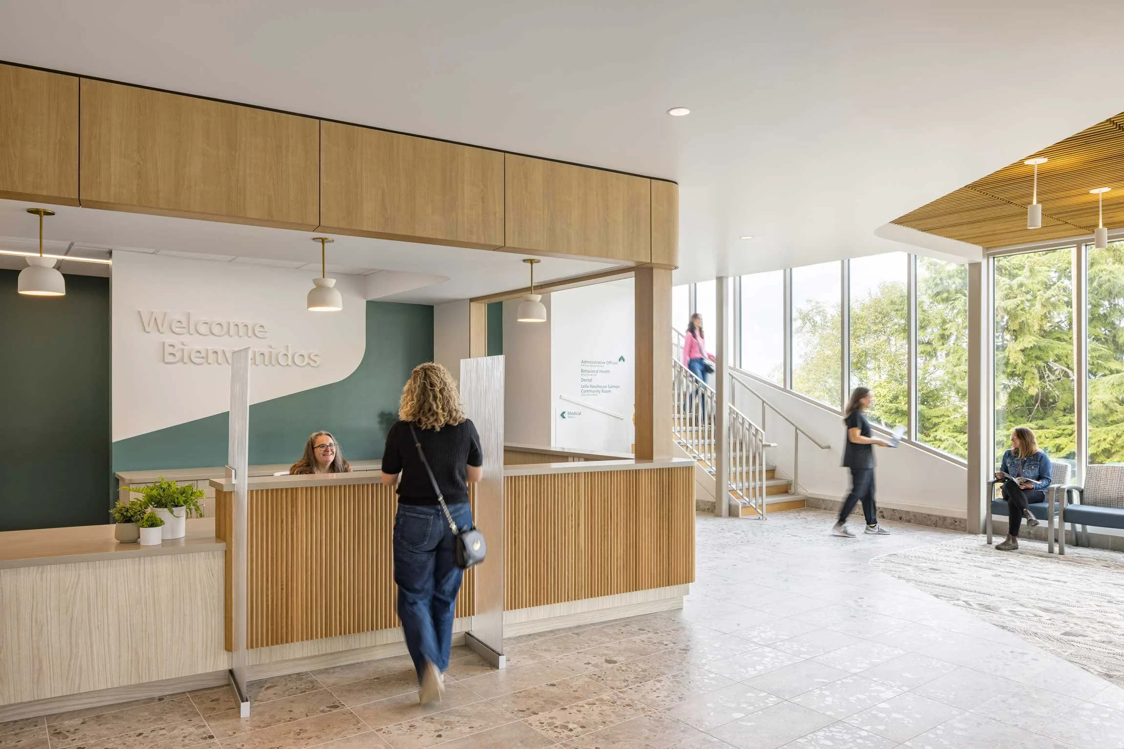 Main lobby with wooden reception desk