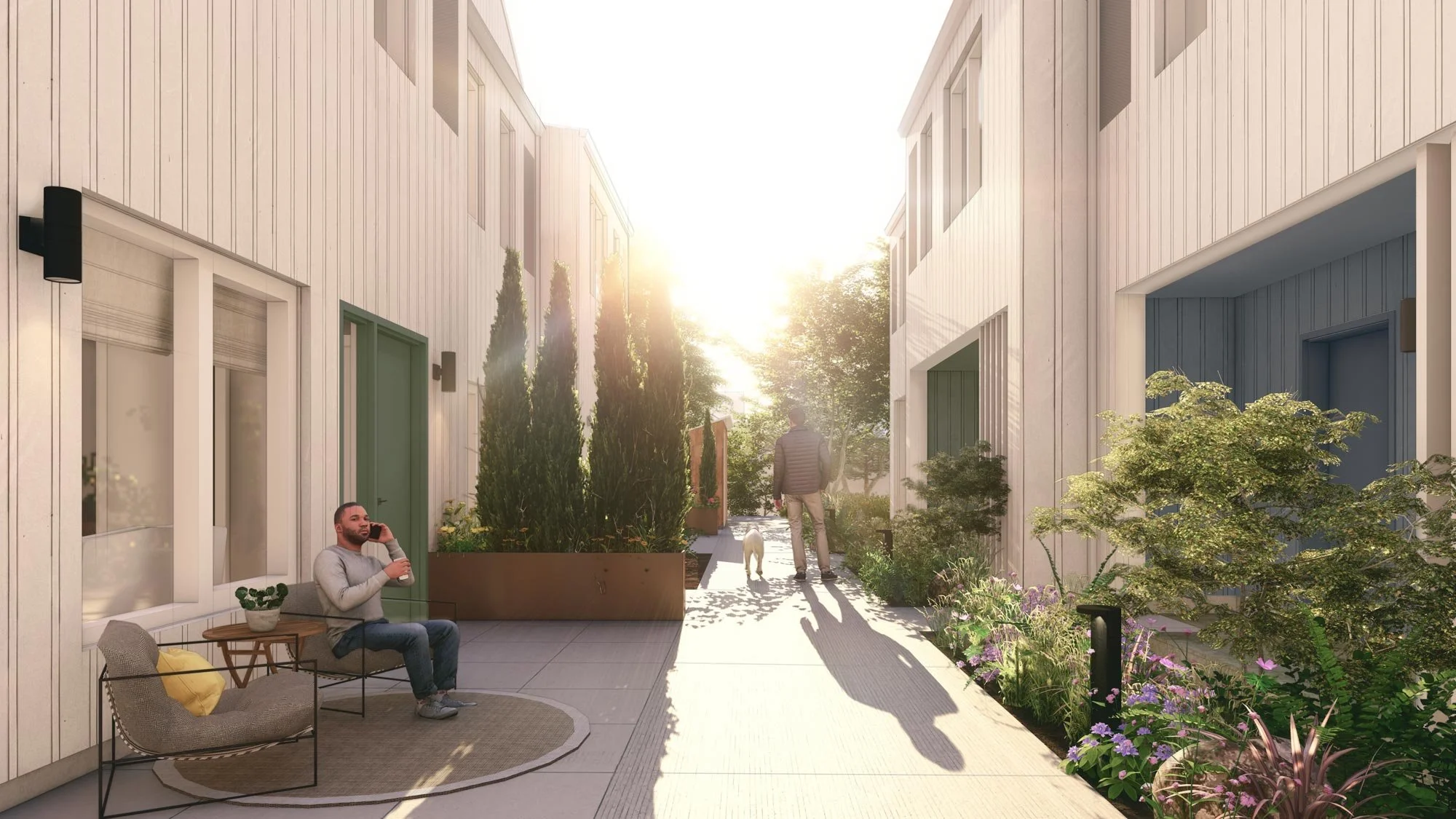 Render of alley space with plantings and pathway