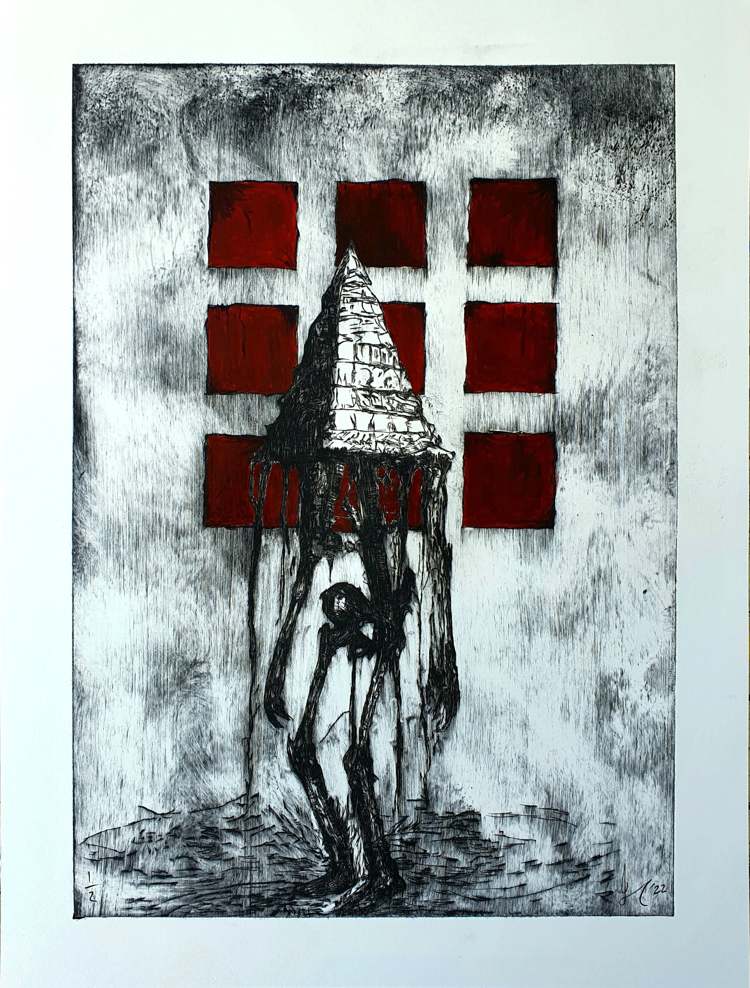 Primordial Tribunal [Drypoint etching with watercolour]. 2022. 1 of 2.