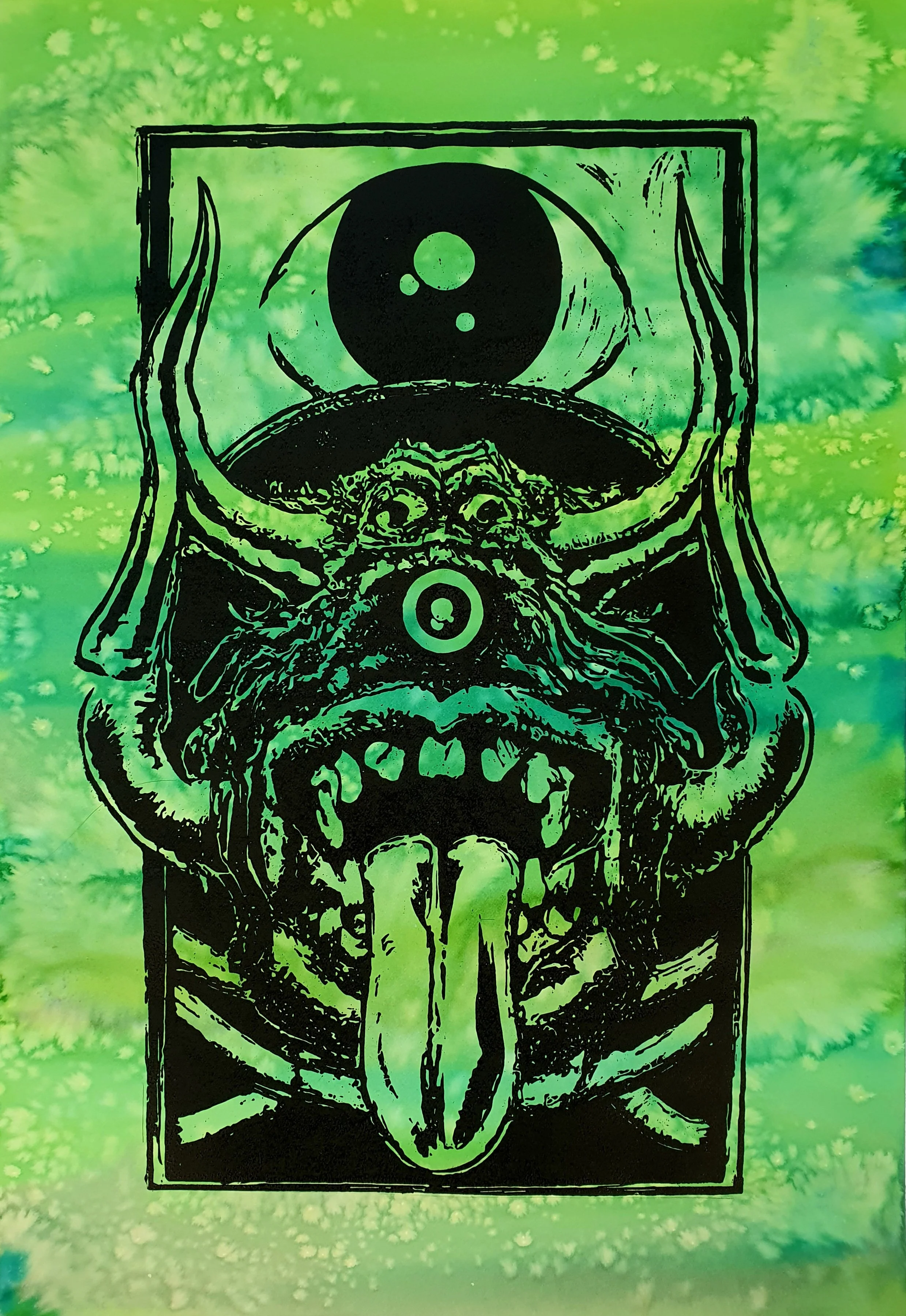 Boar demon [woodcut and watercolour]. 2023