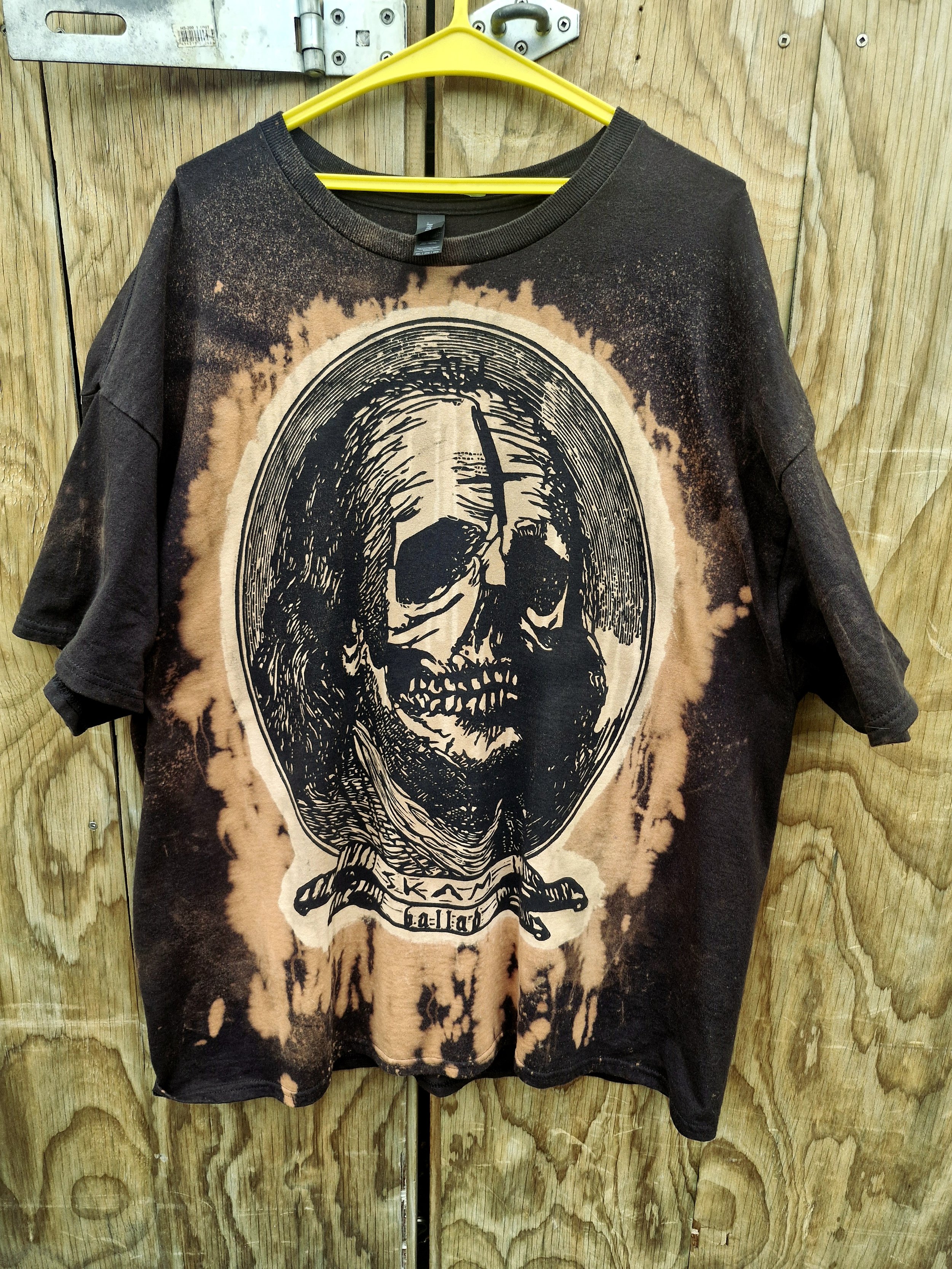 Ballad x SKAM collab #2. Hand dyed and bleached woodblock shirt. 2025.