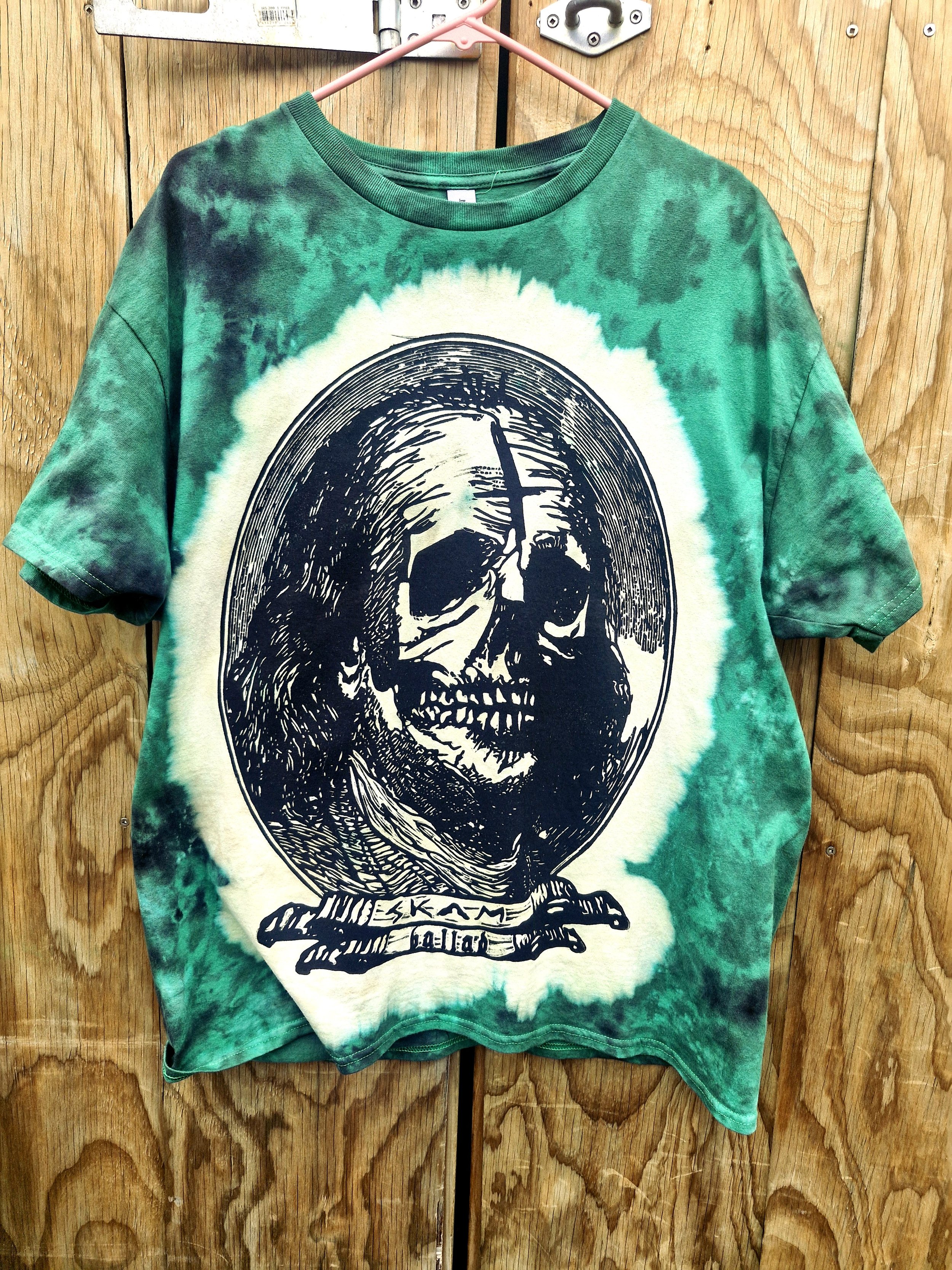 Ballad x SKAM collab #2. Hand dyed and bleached woodblock shirt. 2025.