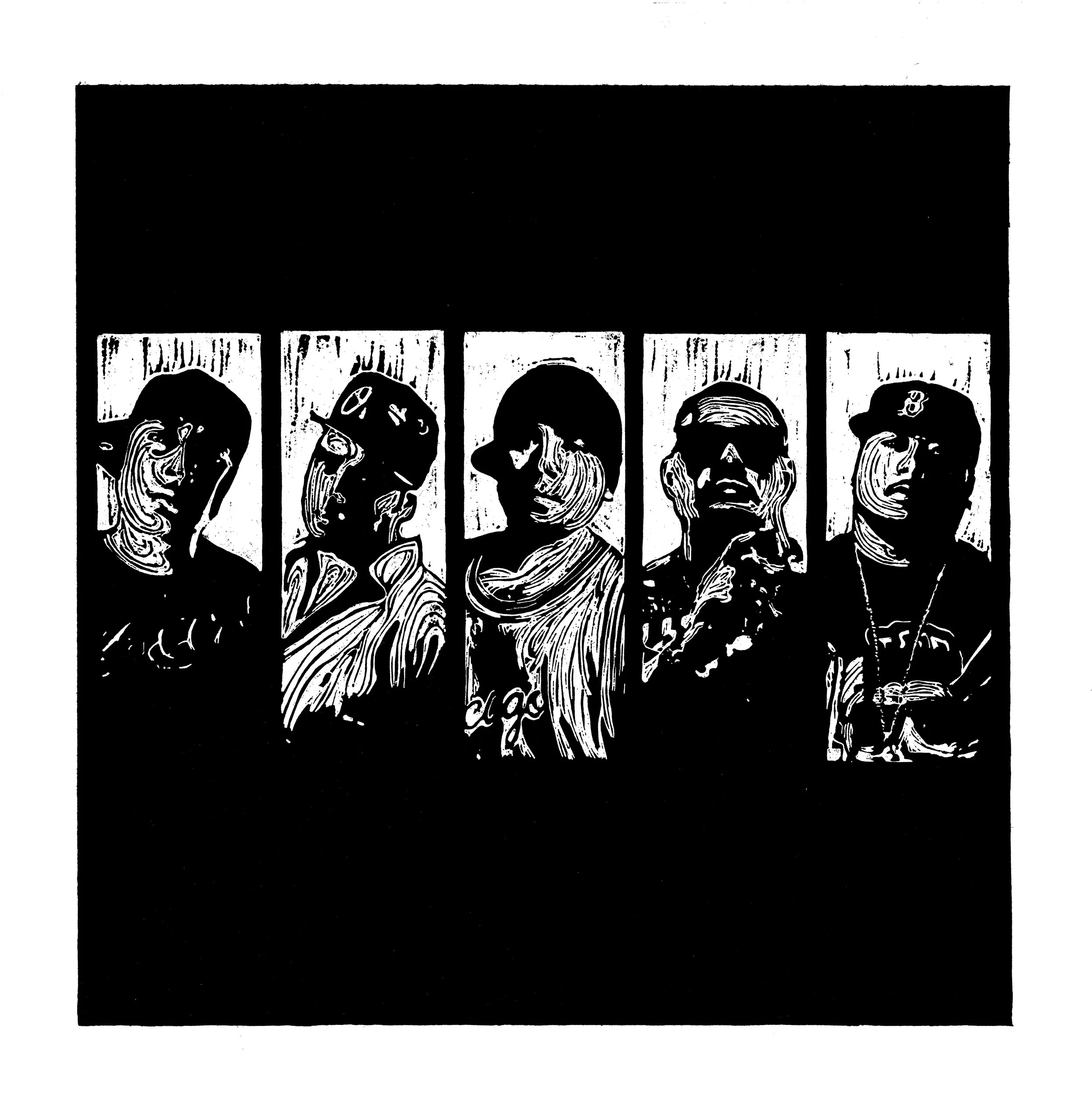 Top 5 feat. Scribe, Mareko, Savage etc woodcut album cover for Leather Jacket records 2023