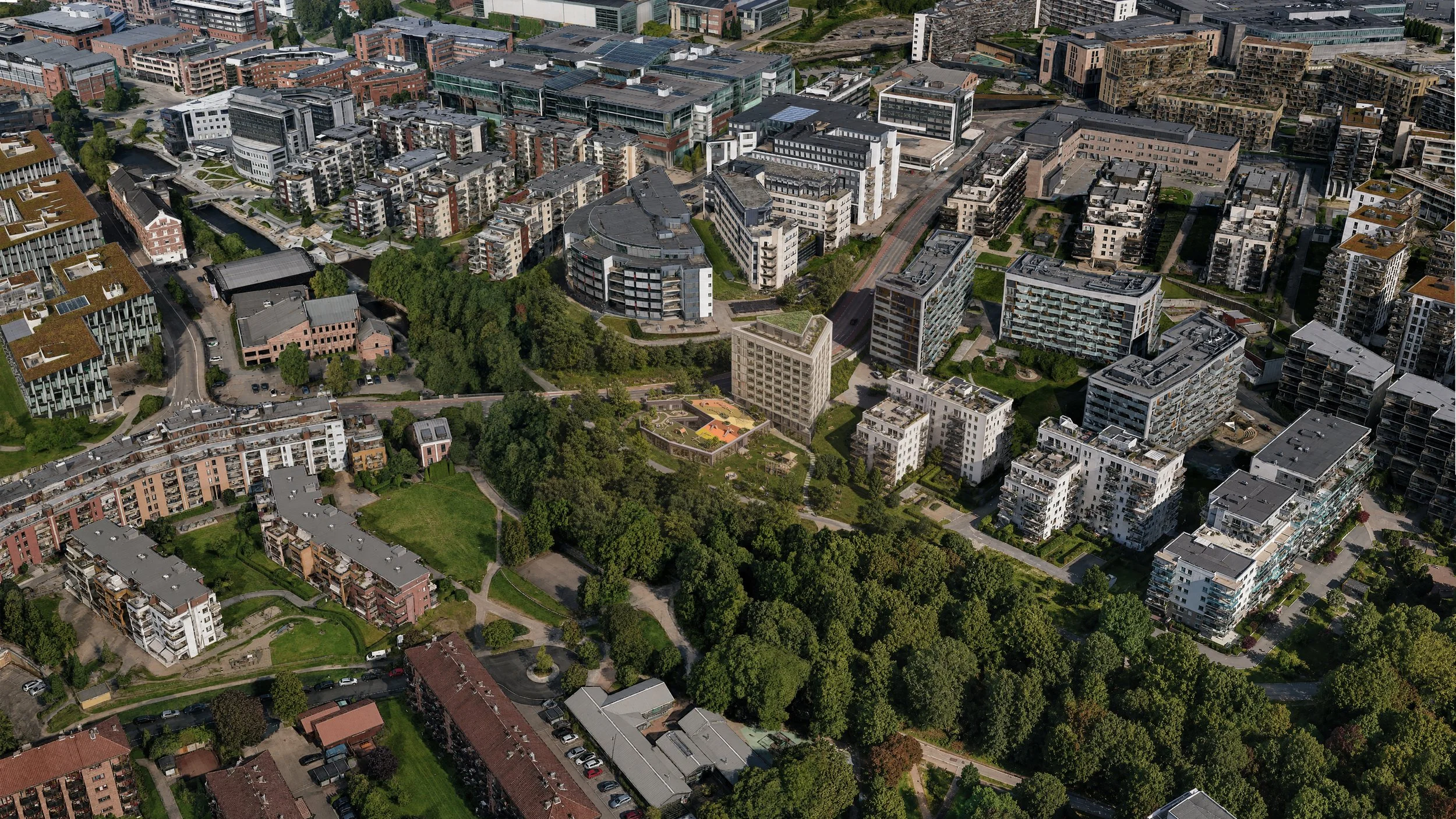Zoomet ut fra fugleperspektiv over prosjektområdet. Studentboliger  i Nydalen av A-Lab