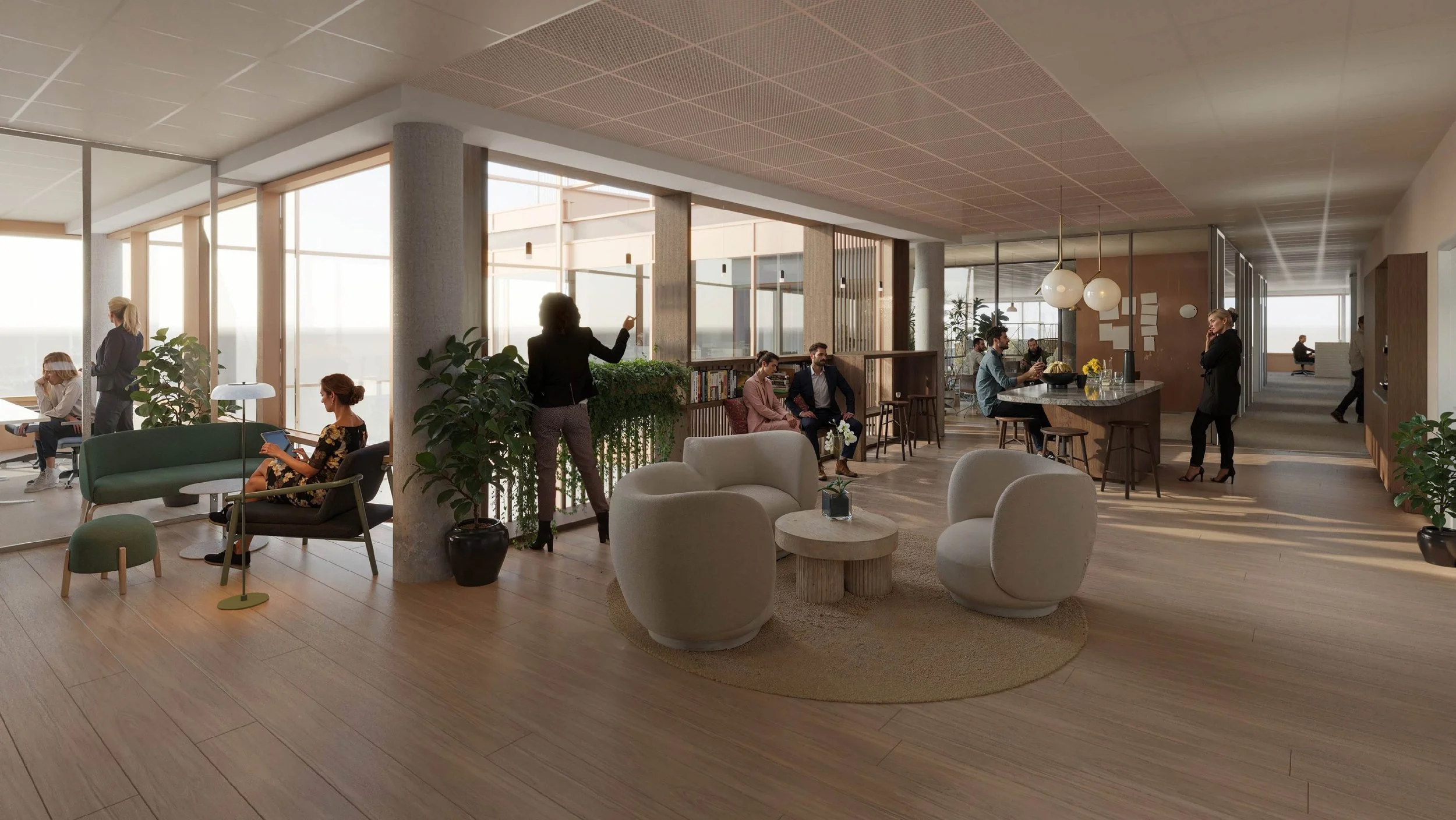 Render av et av kontorene innvendig. ROT/transformasjon av eksisterende kontorbygg av A-Lab
