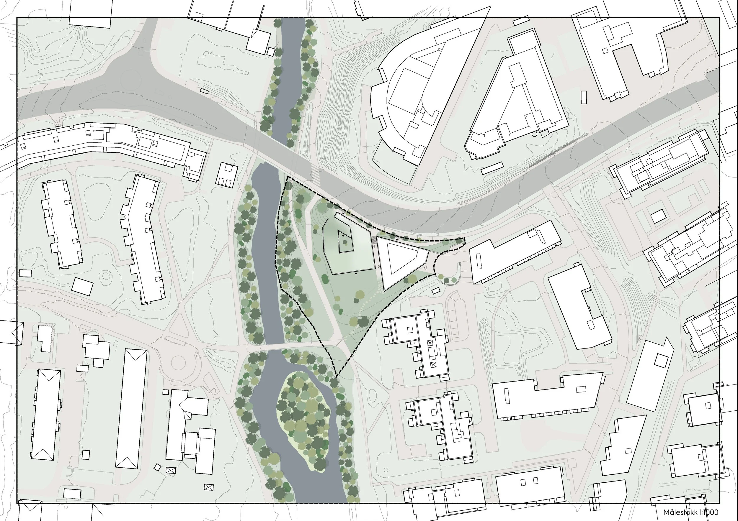 Illustrasjonsplan av studentboliger og barnehage prosjekt på Nydalen fra A-Lab