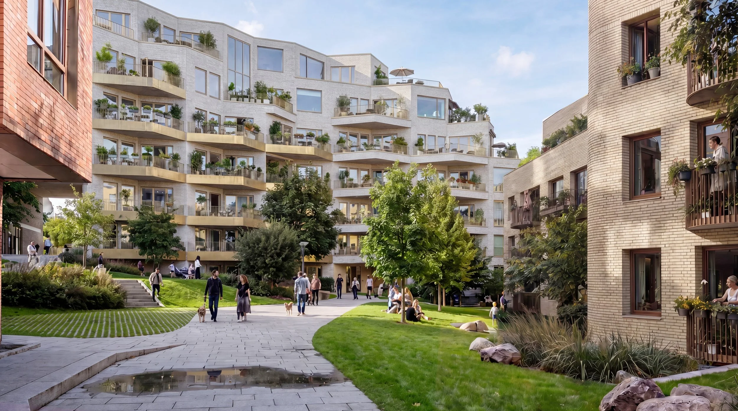 Render viser Løamslandsenga, A-Labs forslag til transformasjon av Kvartal 71/Byhøyden i Kristiansand. motivet viser grøntområdet