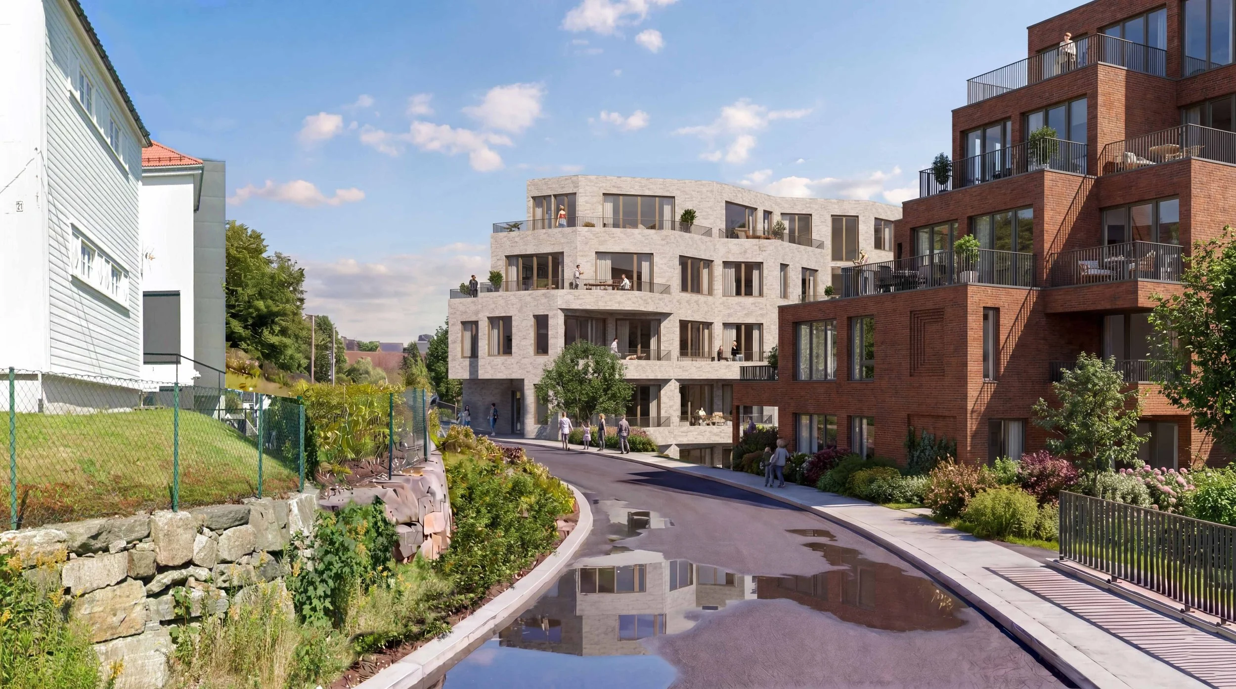 Render av A-Labs transformasjonsforslag for Byhøyden/Kvartal 71  i Kristiansand. Motivet viser en gate med ny og gammel bebyggelse