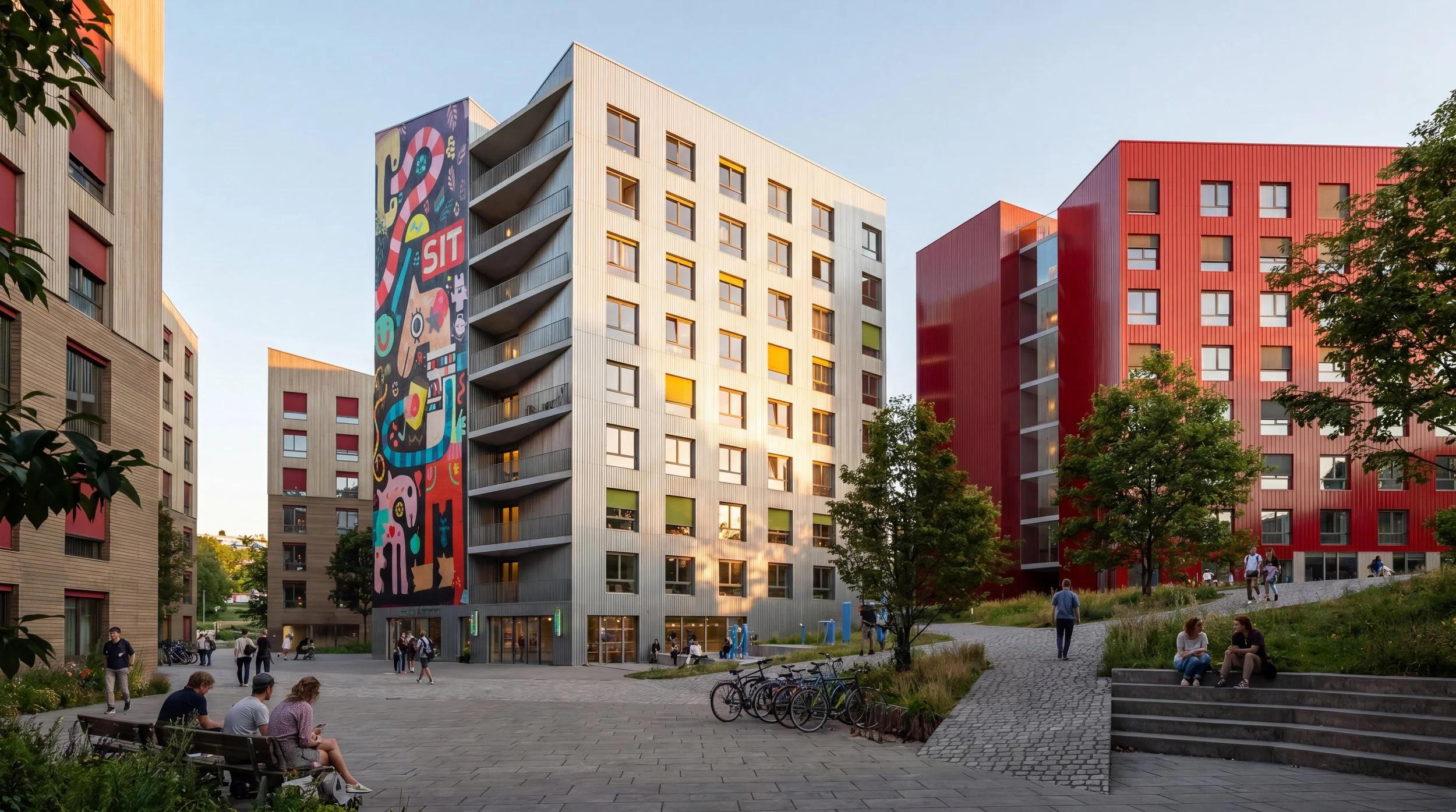 Render av A-lab Nardoveien student bolig prosjekt. Synlig på bildet: 3-4 bygninger. POV fra torget