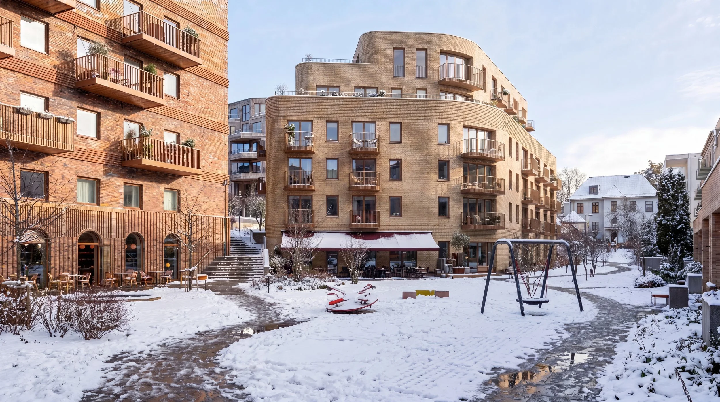 Render av transformasjon som A-lab har tegnet i Kristiansand, kvartal 71 byhøyden. Vinter motiv