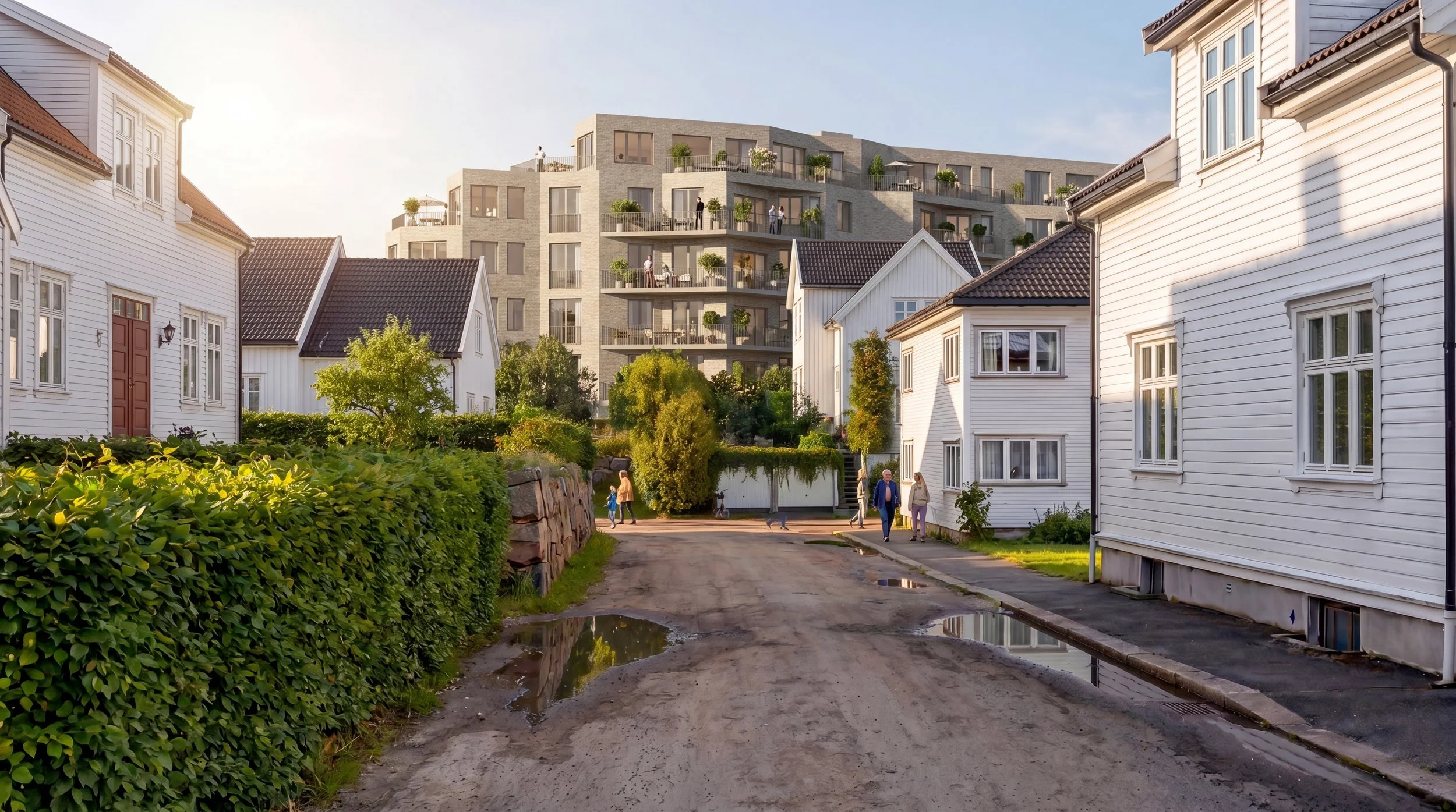Render av A-Labs forslag på transformasjonen av Kvartal 71/Byhøyden i Kristiansand. Motiver er fra en gate med gamle trehus mens det er ny bebyggelse  i horisonten