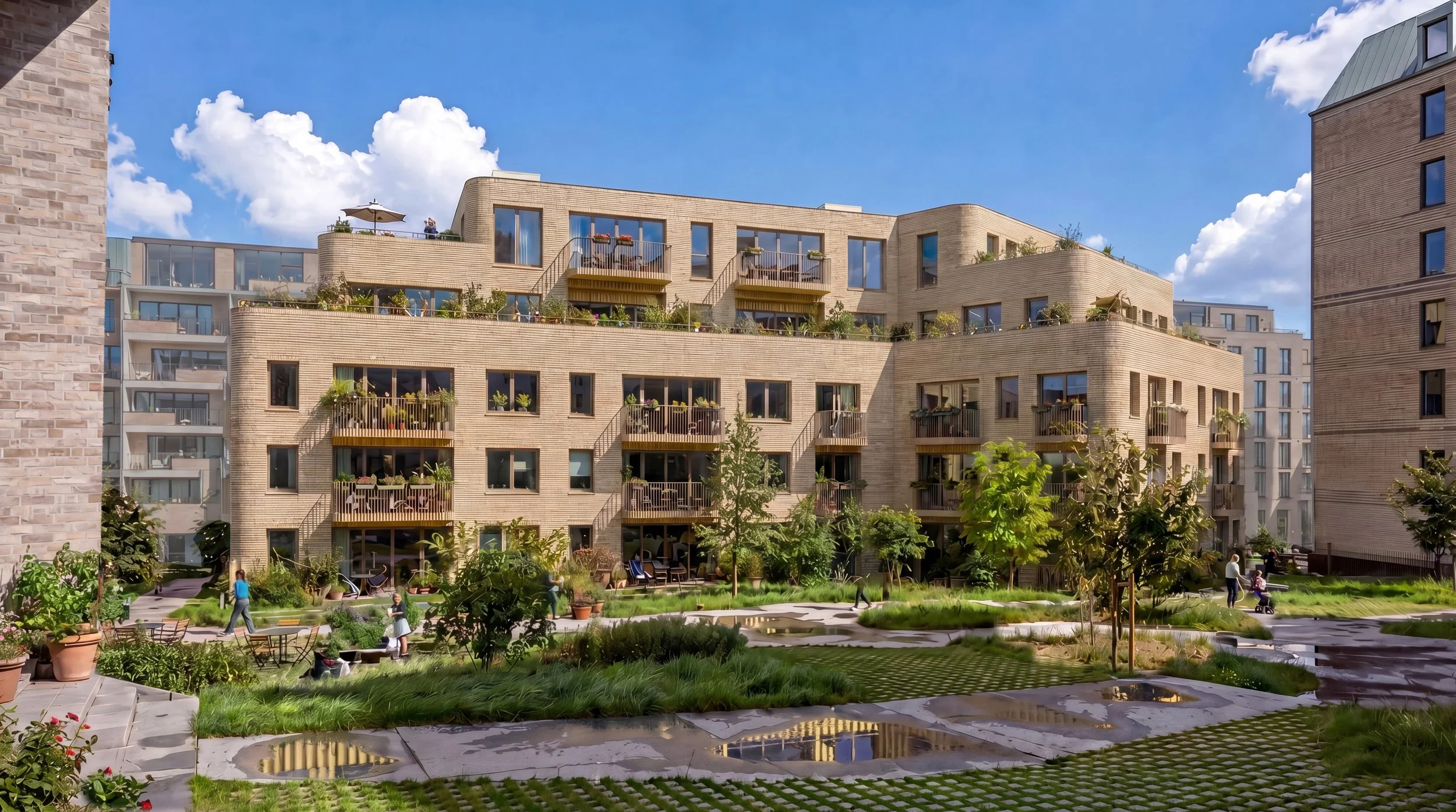 Render av A-Labs transformasjon av Kvartal 71/Byhøyden. Motivet viser Lømslandenga i  vår sommer tid
