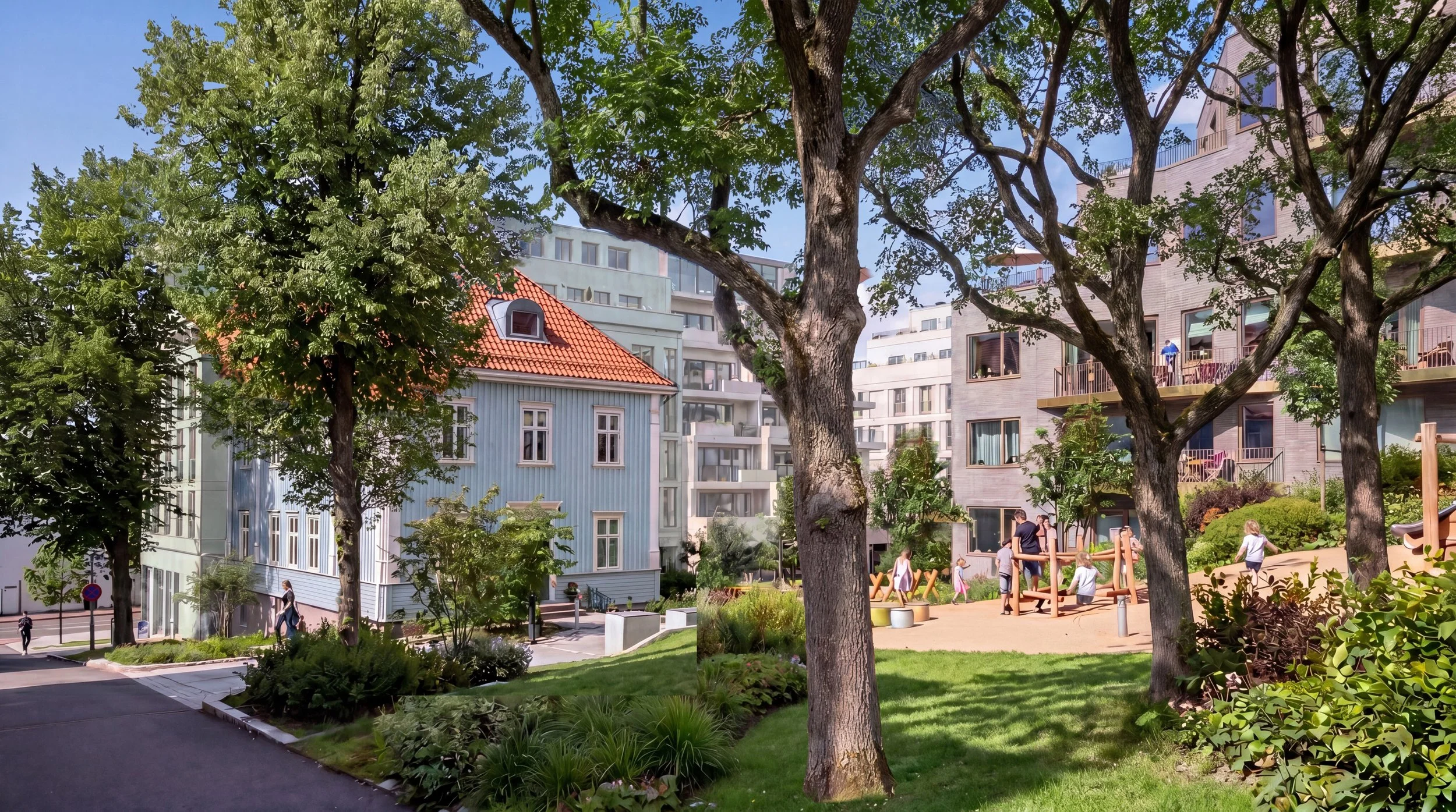 Render av  A-Labs transformasjonsprosjekt i Kristiansand, Kvartal 71/Byhøyden. Motivet viser en lekeplass og dialogen mellom ny og gammel bebyggelse.