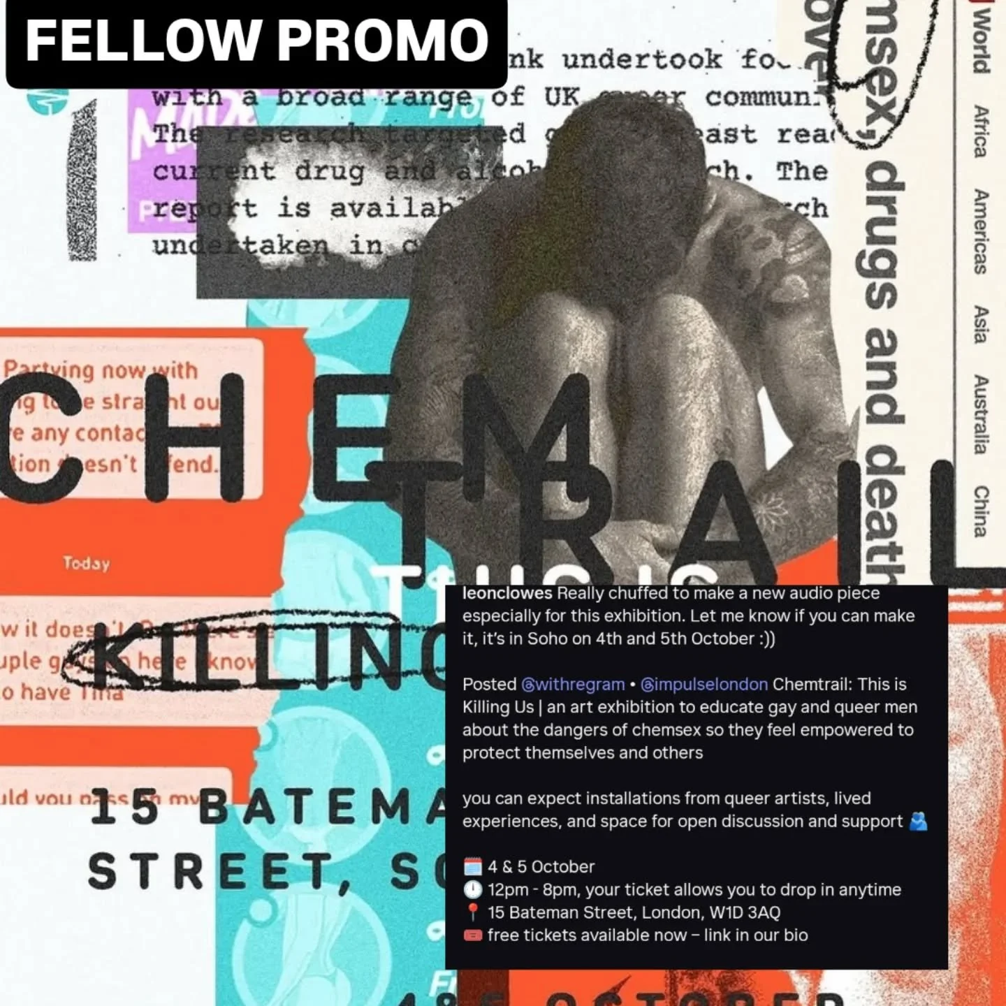 π§ Our Multitrack fellow @leonclowes has created a brand new audio work for Chemtrail: This Is Killing Us
an art exhibition raising awareness of chemsex in the queer community.
π 15 Bateman St, Soho
π
 4–5 Oct, 12–8pm
π Free tickets v