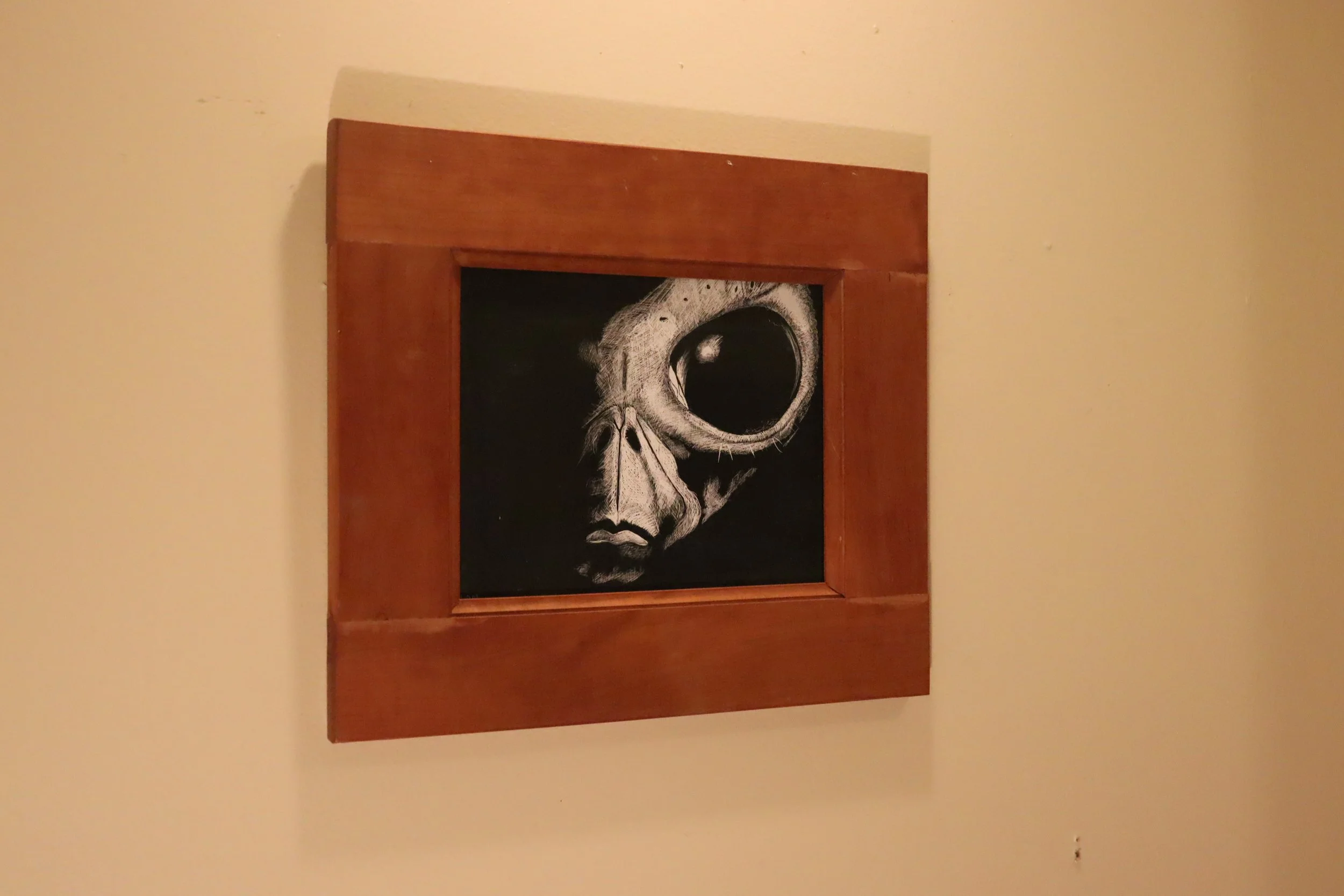 Scratchboard Alien in a Cherry Wood Frame.