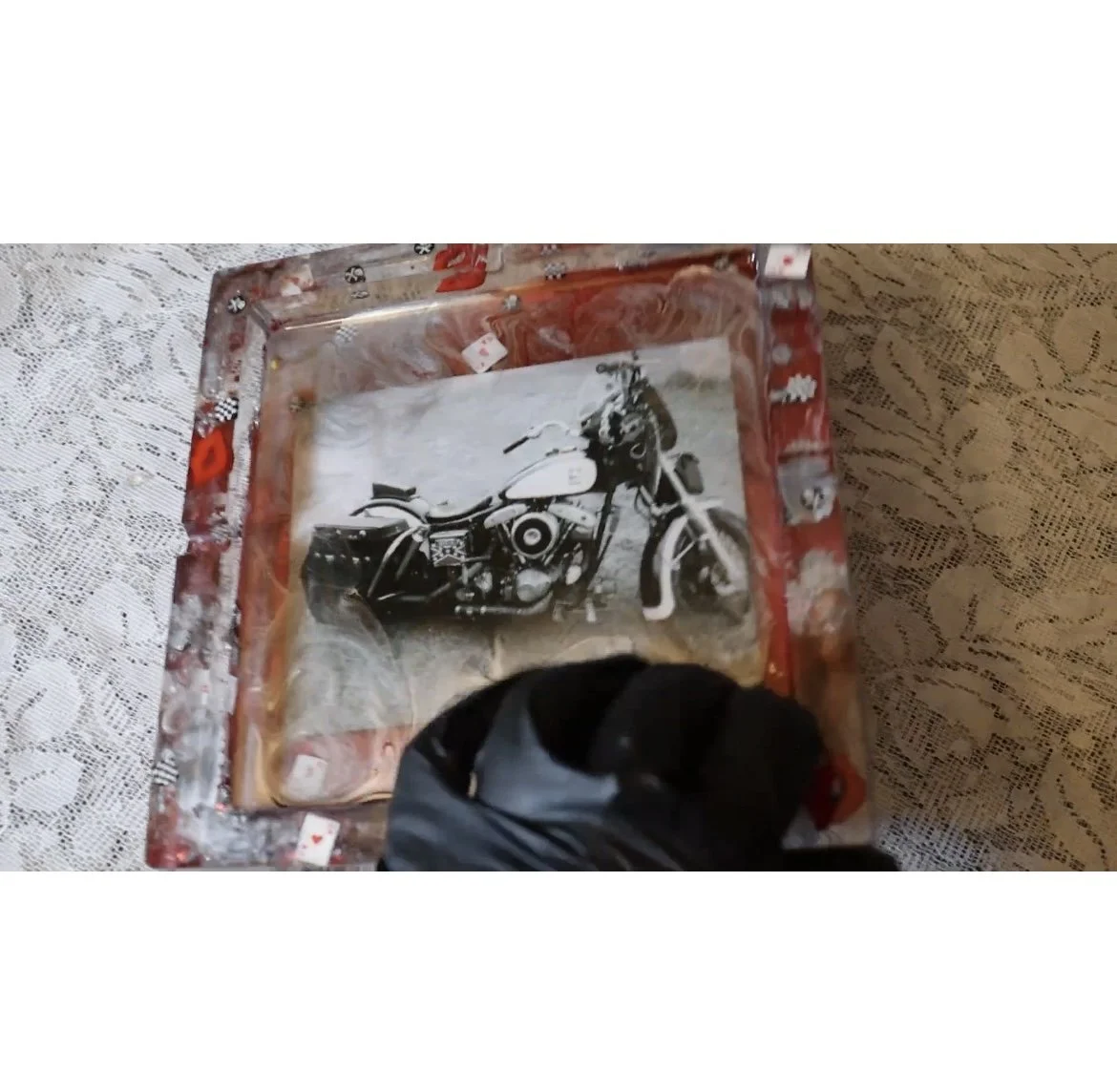 SIDE 1. Commissioned Large Ashtray! They wanted a pic of their bike, with red, black and white color pallet and a cool saying on the back!