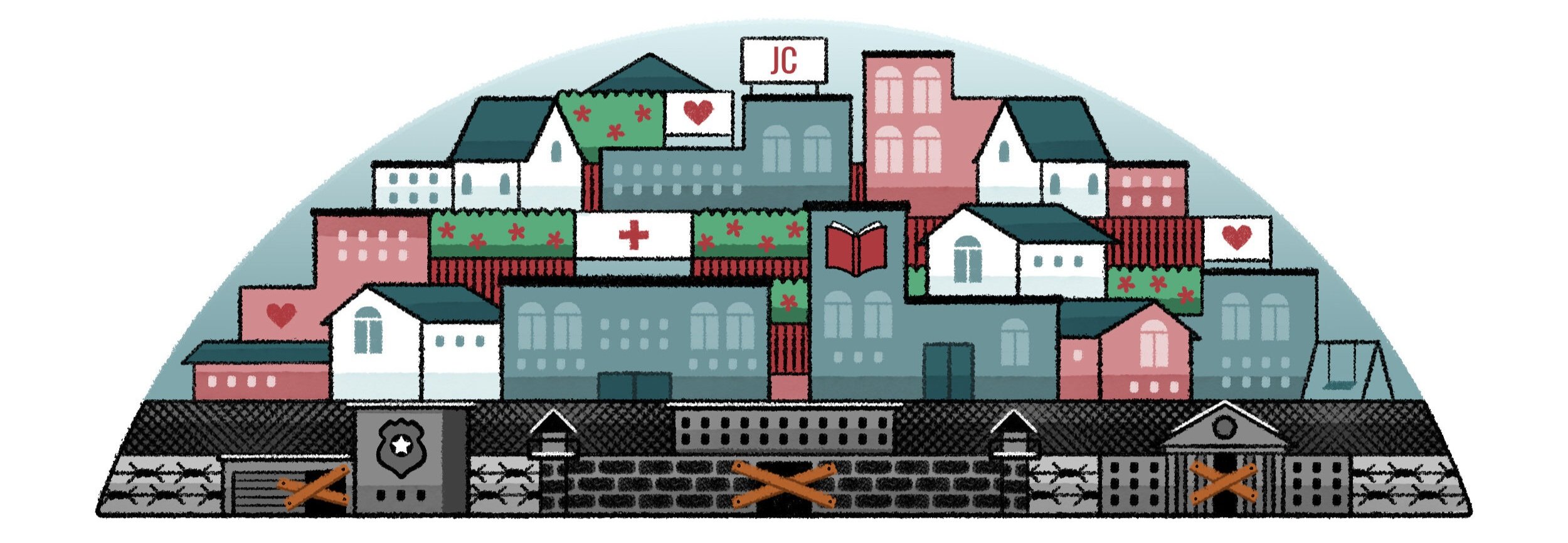 Illustration of of a semi-circular cityscape composed of various buildings, including houses, hospitals, schools, and structures with heart symbols. At the bottom, darker buildings with boarded up doors and windows separated from top section.