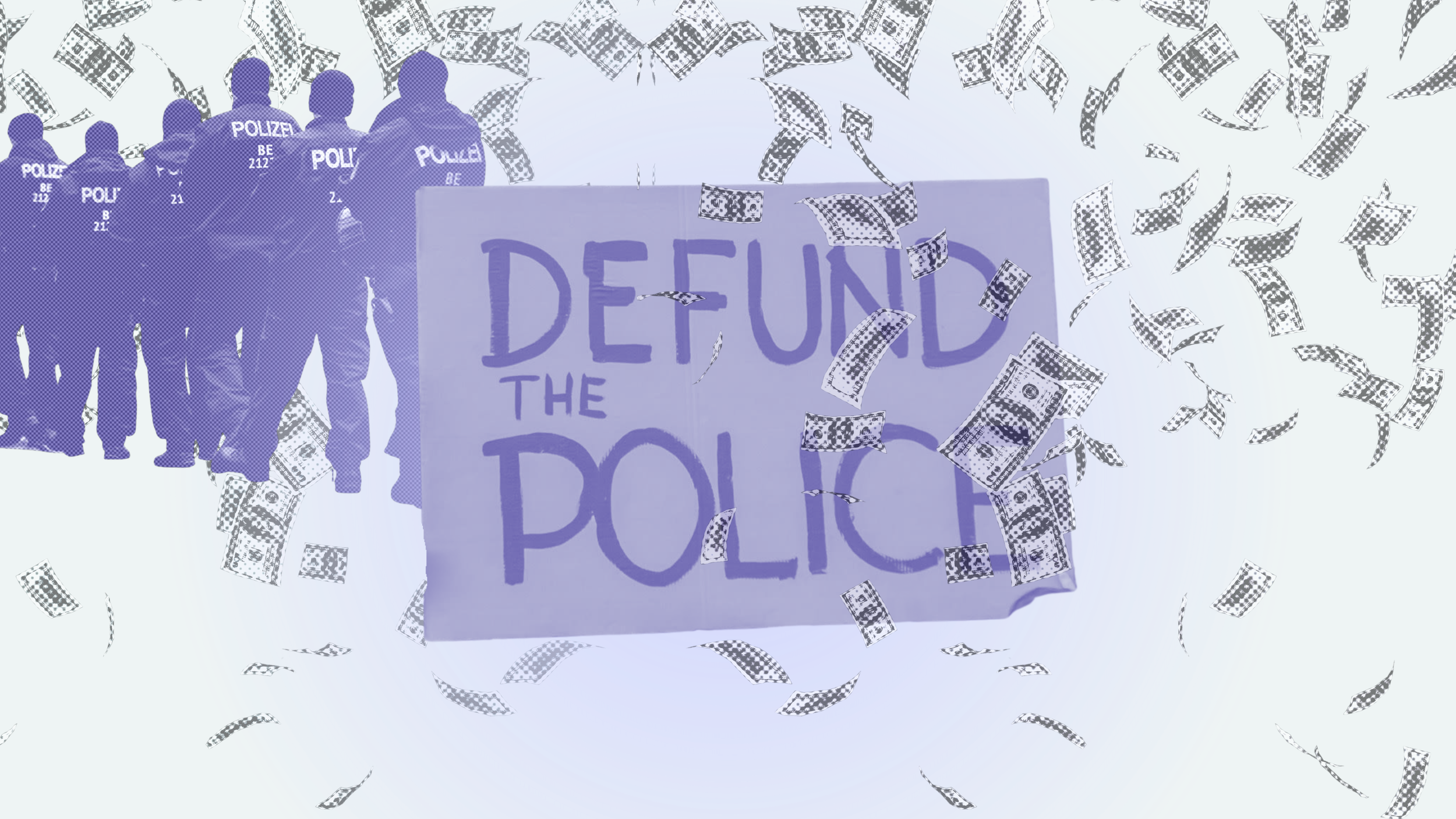 Collage with images of police and money.