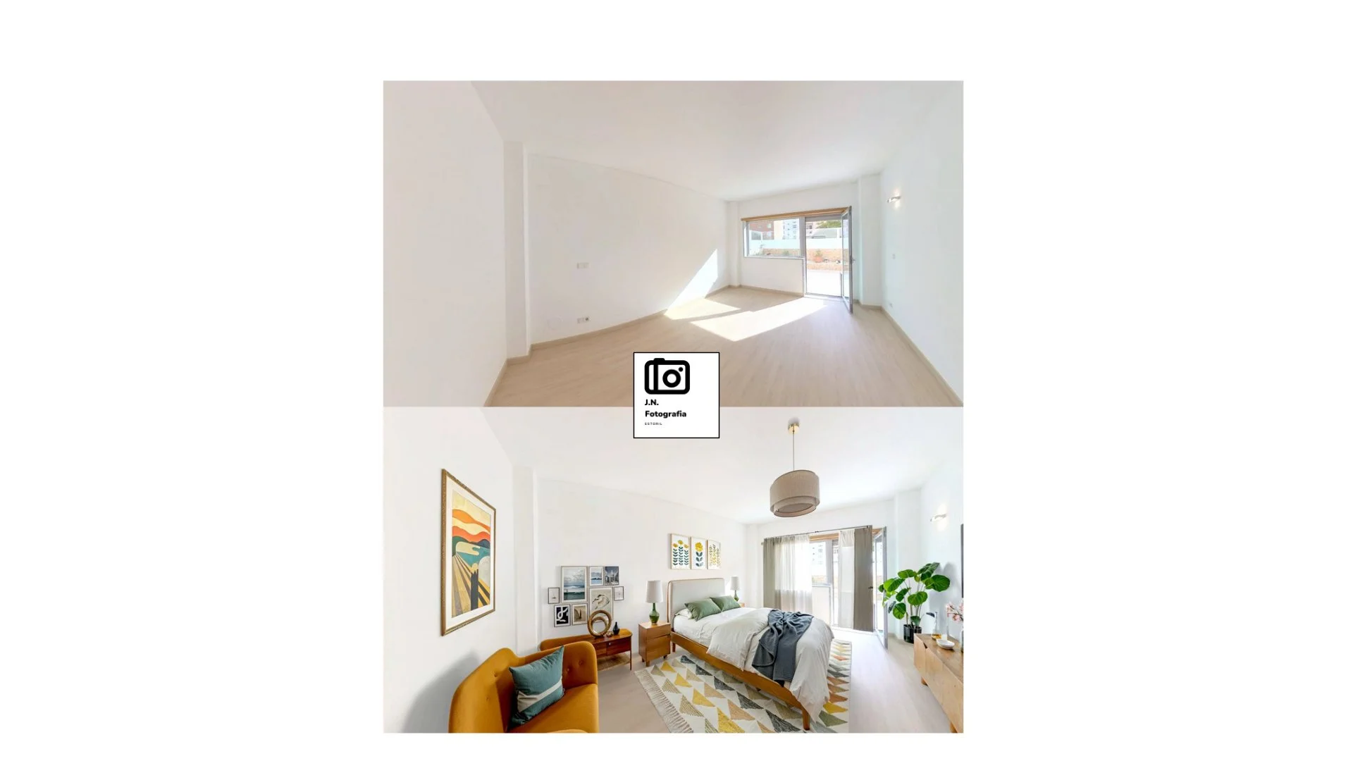 Comparison of an empty room and a furnished bedroom with artwork, furniture, and natural light.