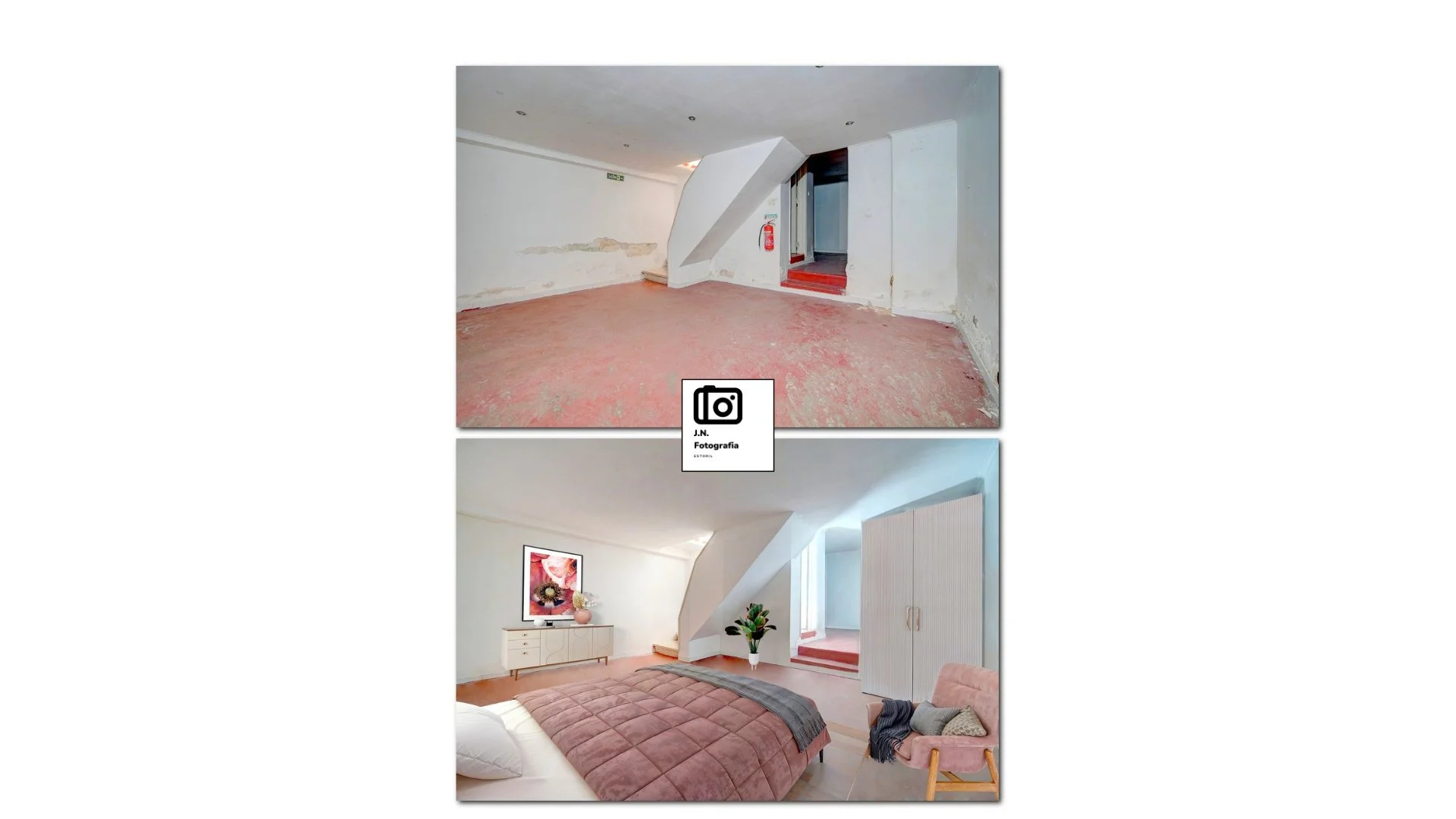 Comparison of a blank room before and after renovation, showing an empty space in the top image and a decorated bedroom with a bed, dresser, side chair, and artwork in the bottom image.