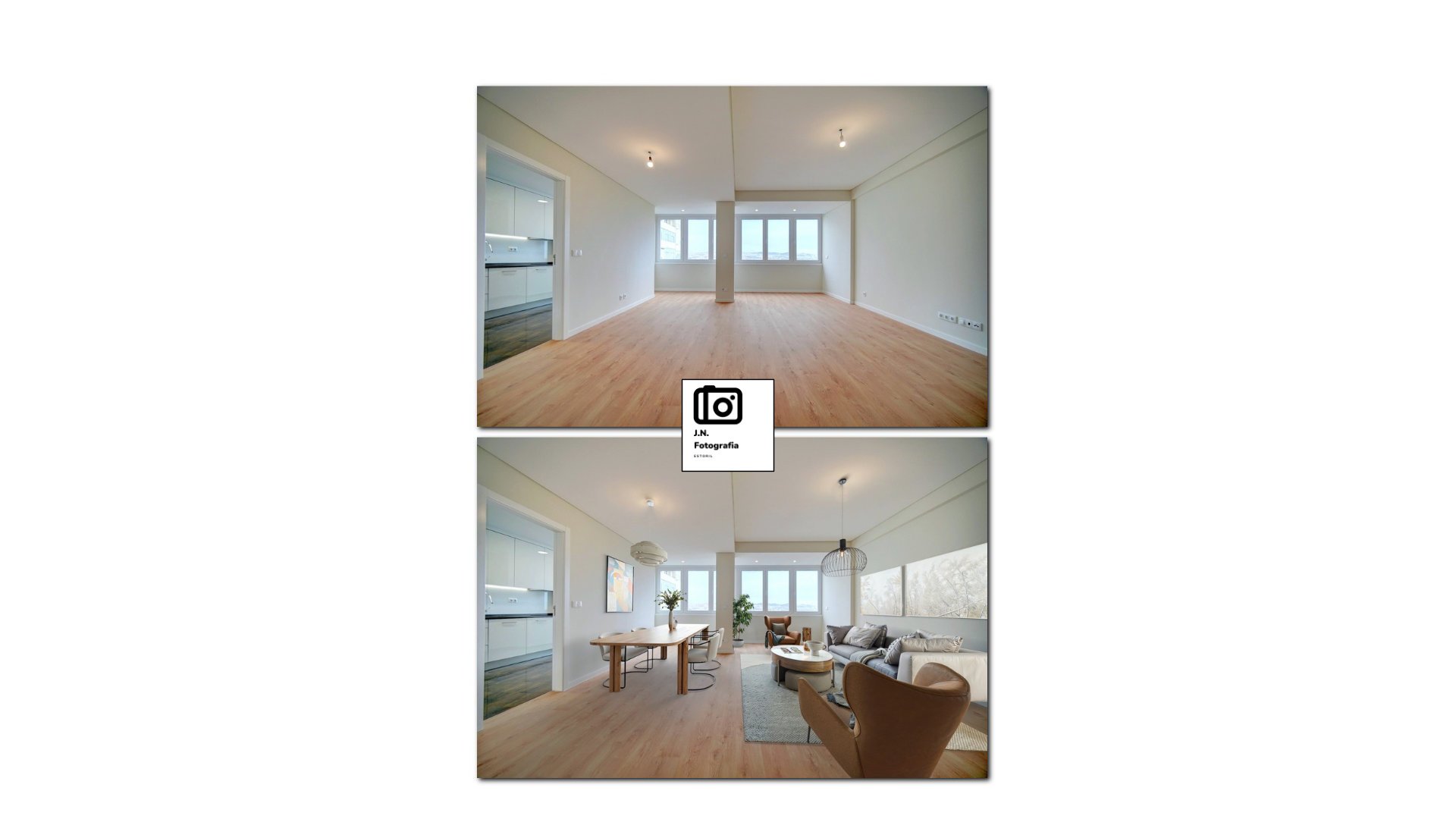 Before and after photos of a living room: top image shows an empty room with wooden floors, white walls, and large windows; bottom image shows the same room decorated with furniture, a dining table, chairs, a sofa, armchair, and decorations, with nat